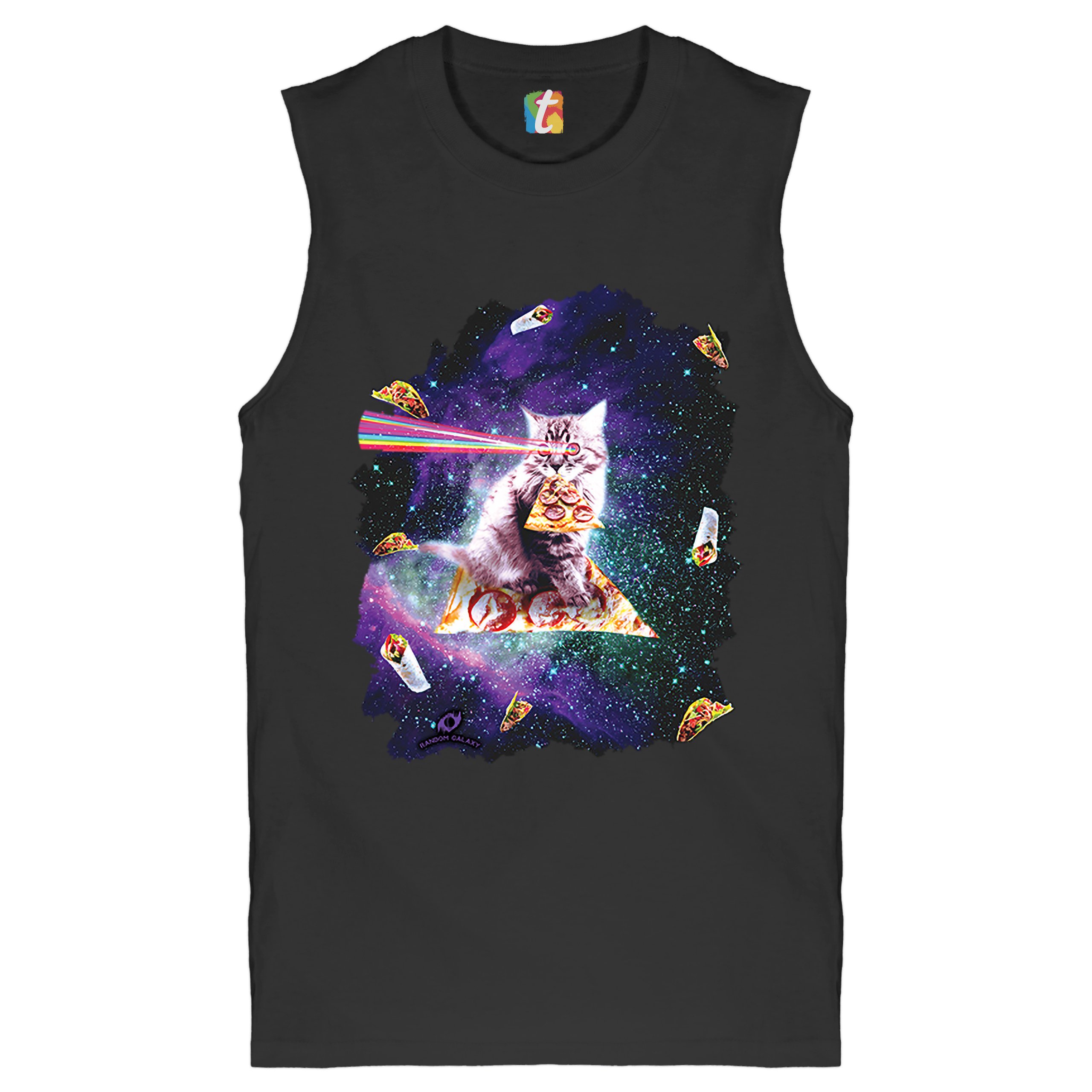 ameri vintage 新作 Cat Firing Rainbow Laser Riding Pizza Slice In Space Muscle Shirt