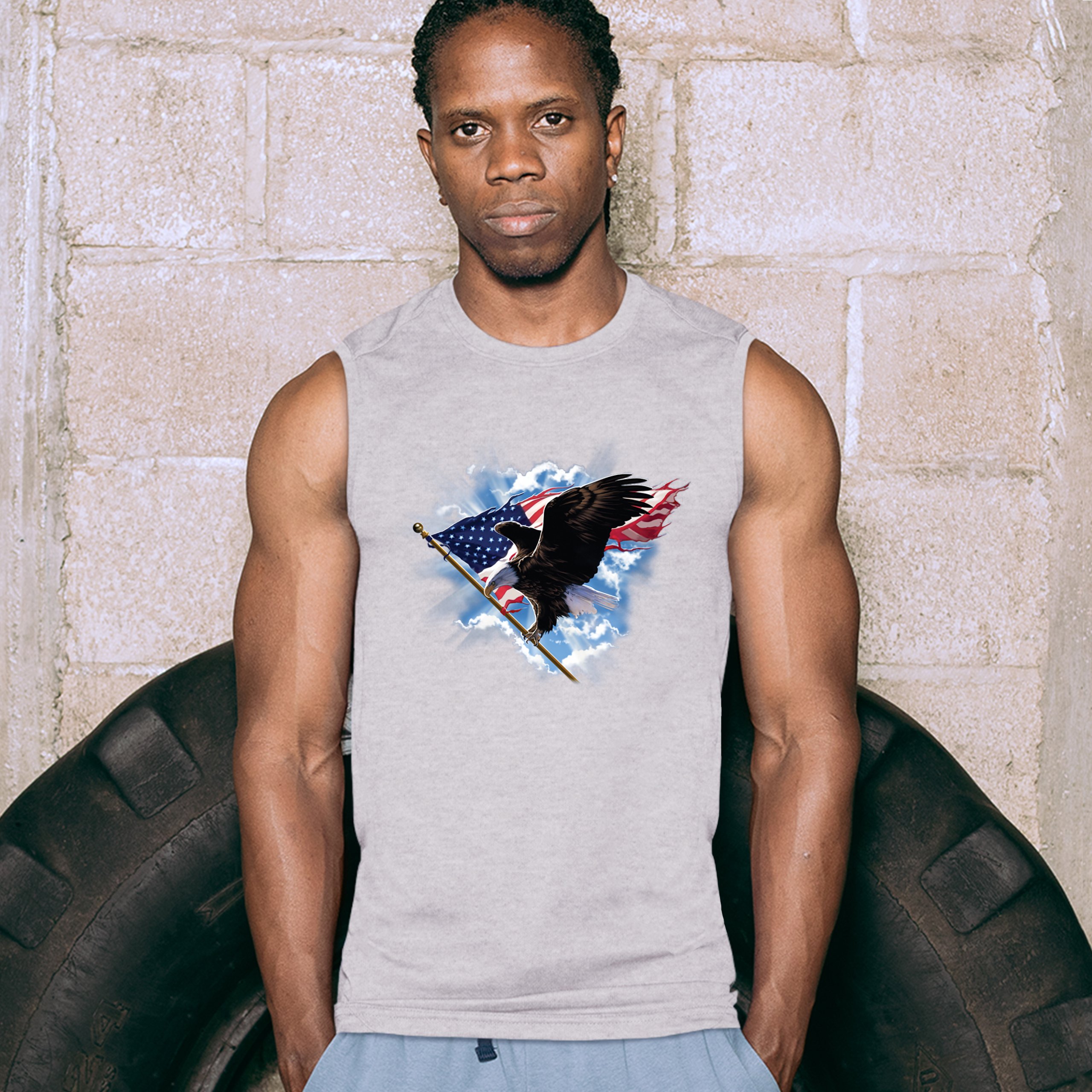 Bald Eagle Carrying the American Flag Muscle Shirt 4th of July Patriotic Men's - Picture 9 of 21