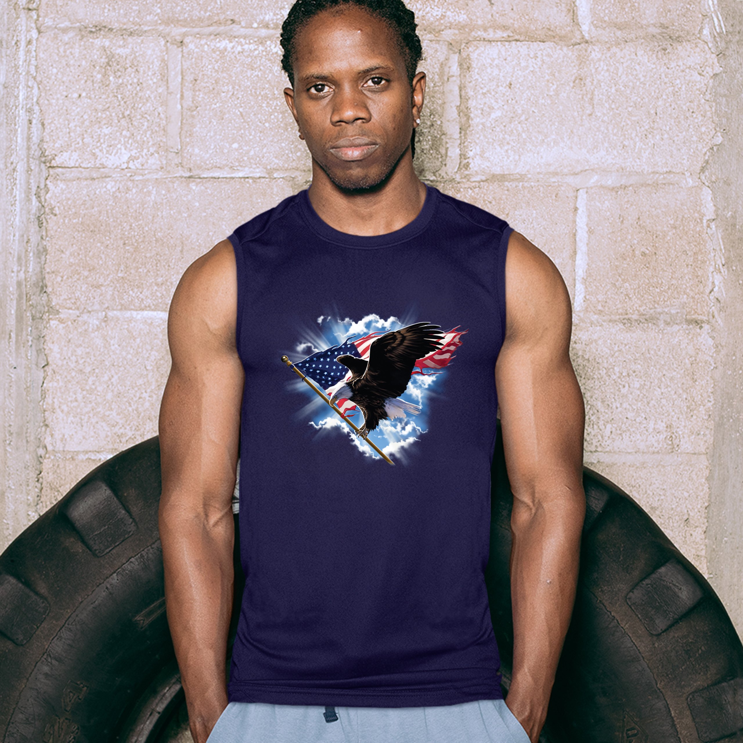 Bald Eagle Carrying the American Flag Muscle Shirt 4th of July Patriotic Men's - Picture 21 of 21
