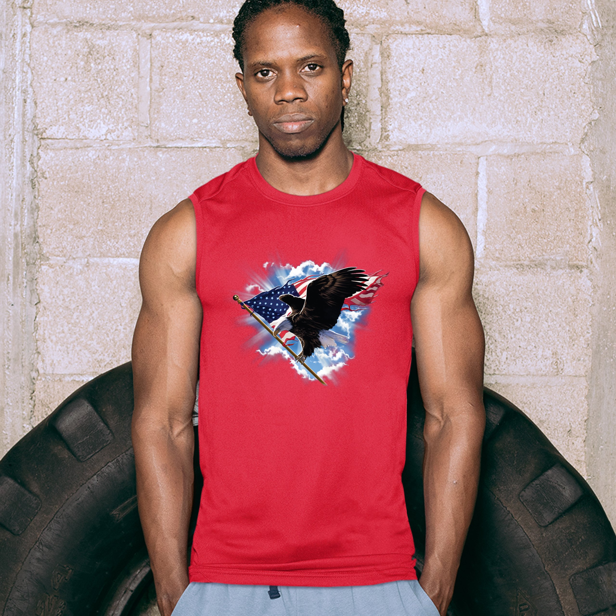 Bald Eagle Carrying the American Flag Muscle Shirt 4th of July Patriotic Men's - Picture 13 of 21