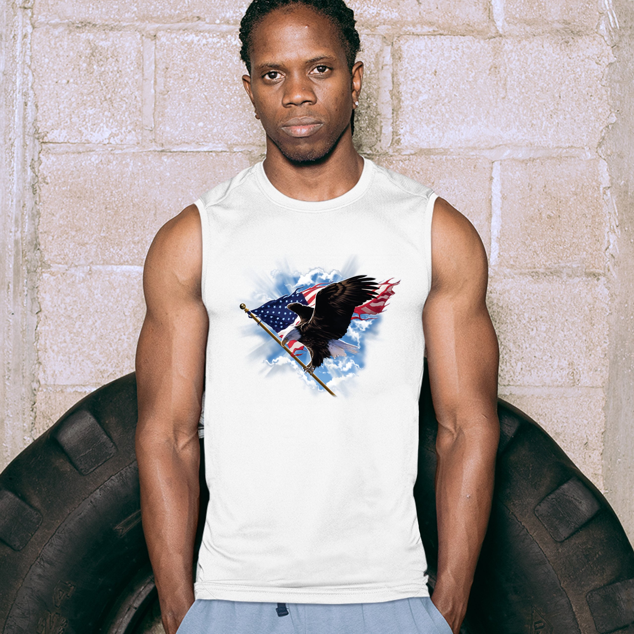 Bald Eagle Carrying the American Flag Muscle Shirt 4th of July Patriotic Men's - Picture 17 of 21