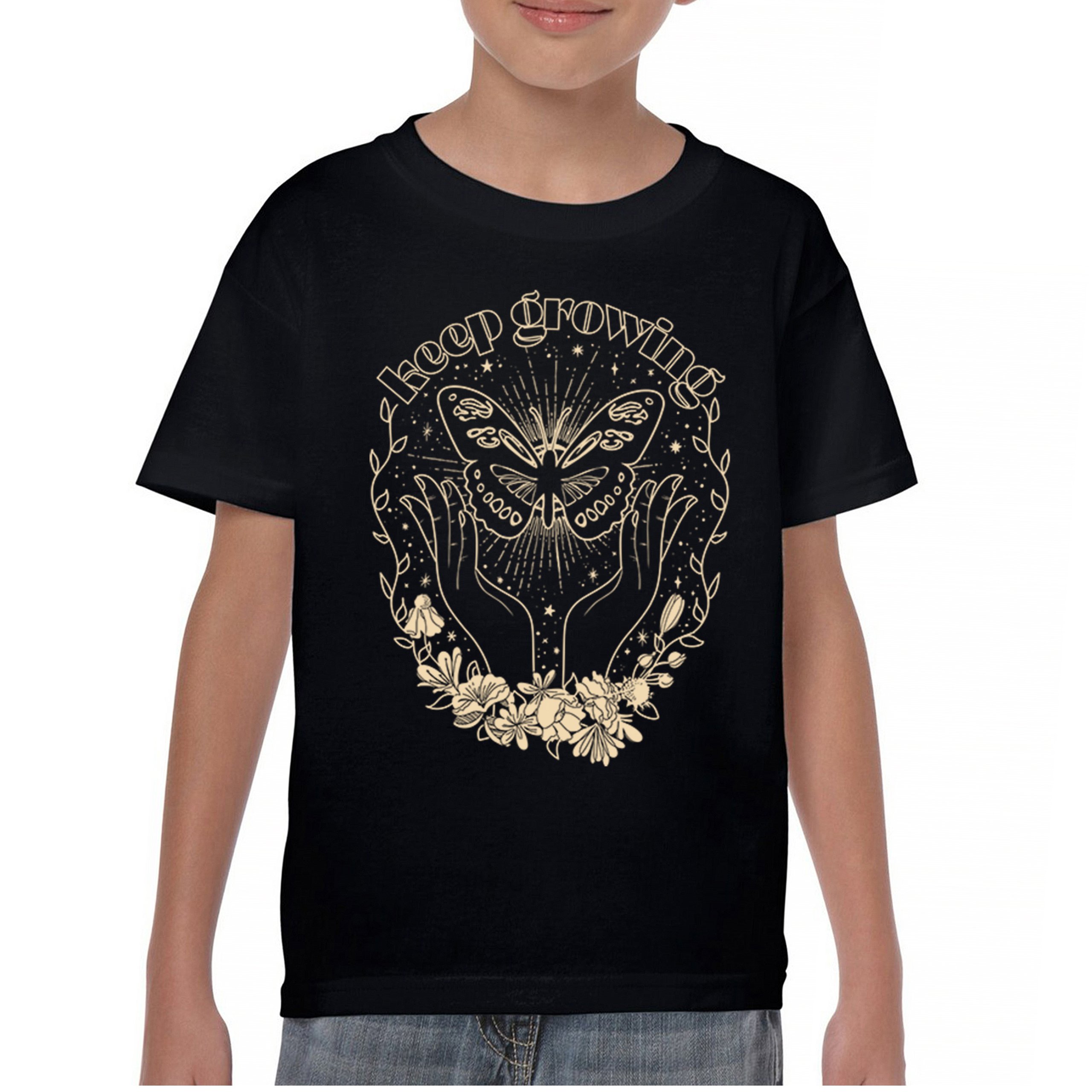 Keep Growing Butterfly Youth T-shirt Spiritual Nature Floral Positivity Kids - Picture 2 of 8