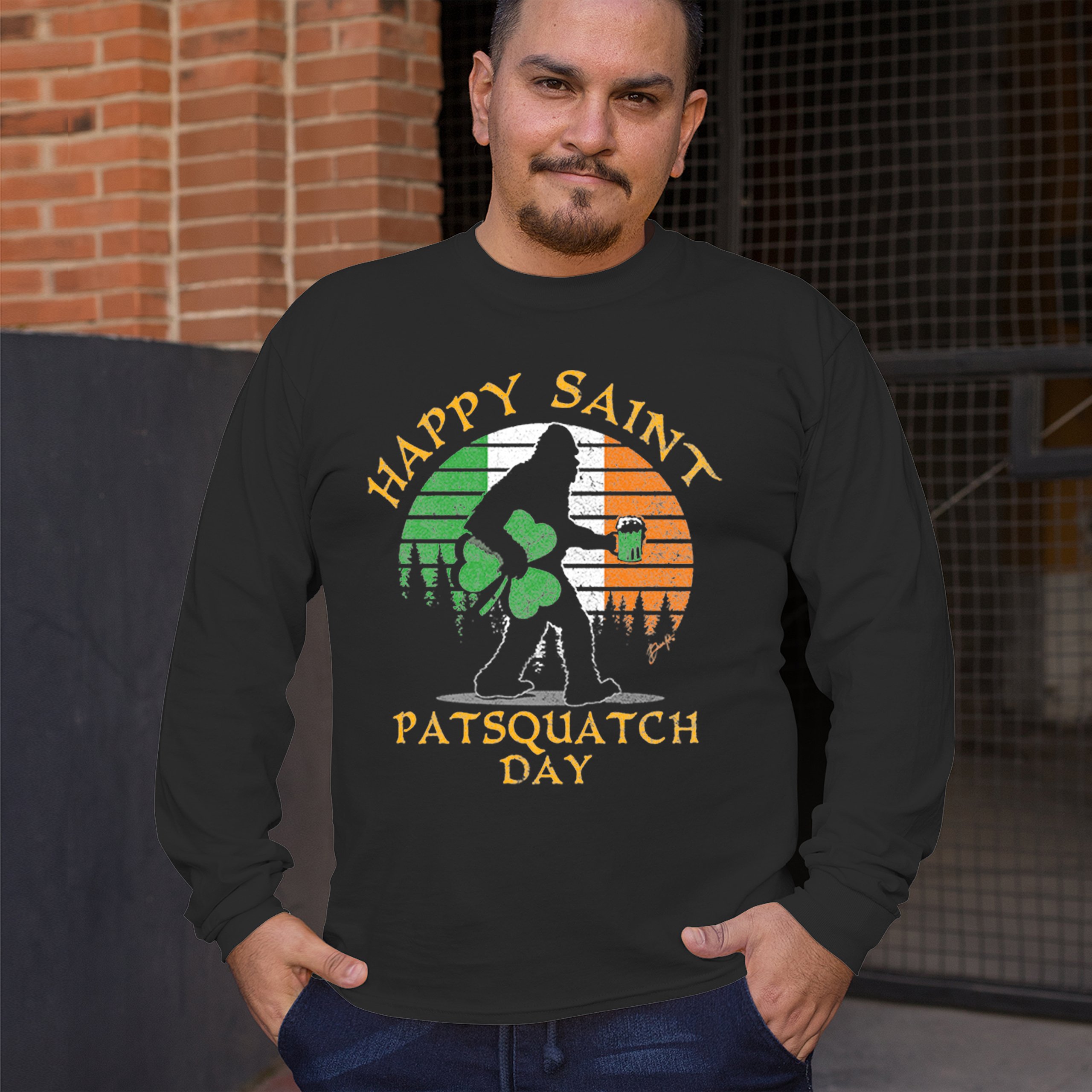 Happy Saint Patsquatch Day Long Sleeve T-shirt Funny St. Patrick's Day Big Foot - Picture 5 of 8