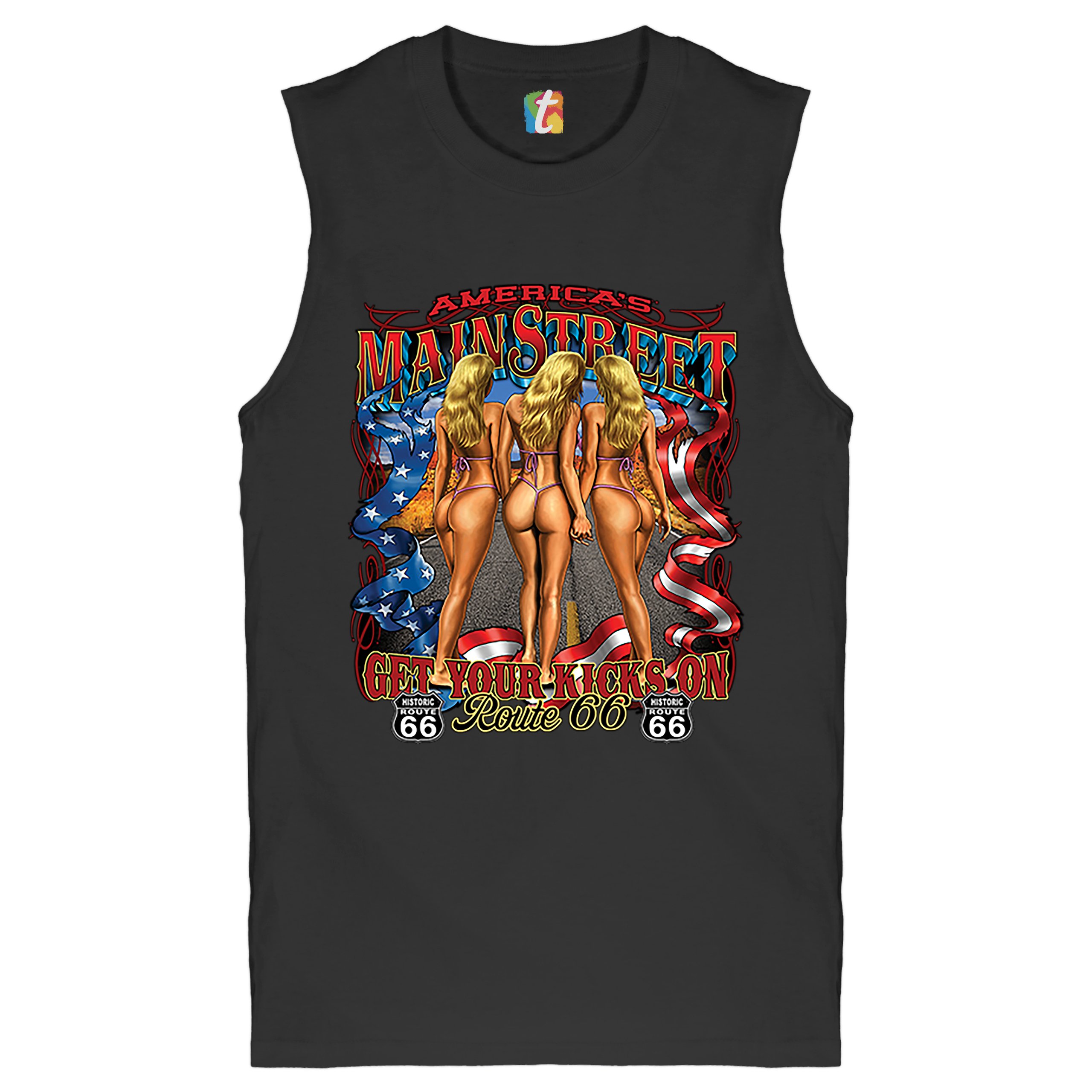 Get Your Kicks on Route 66 Muscle Shirt Sexy Girls in Bikinis Biker Men’s