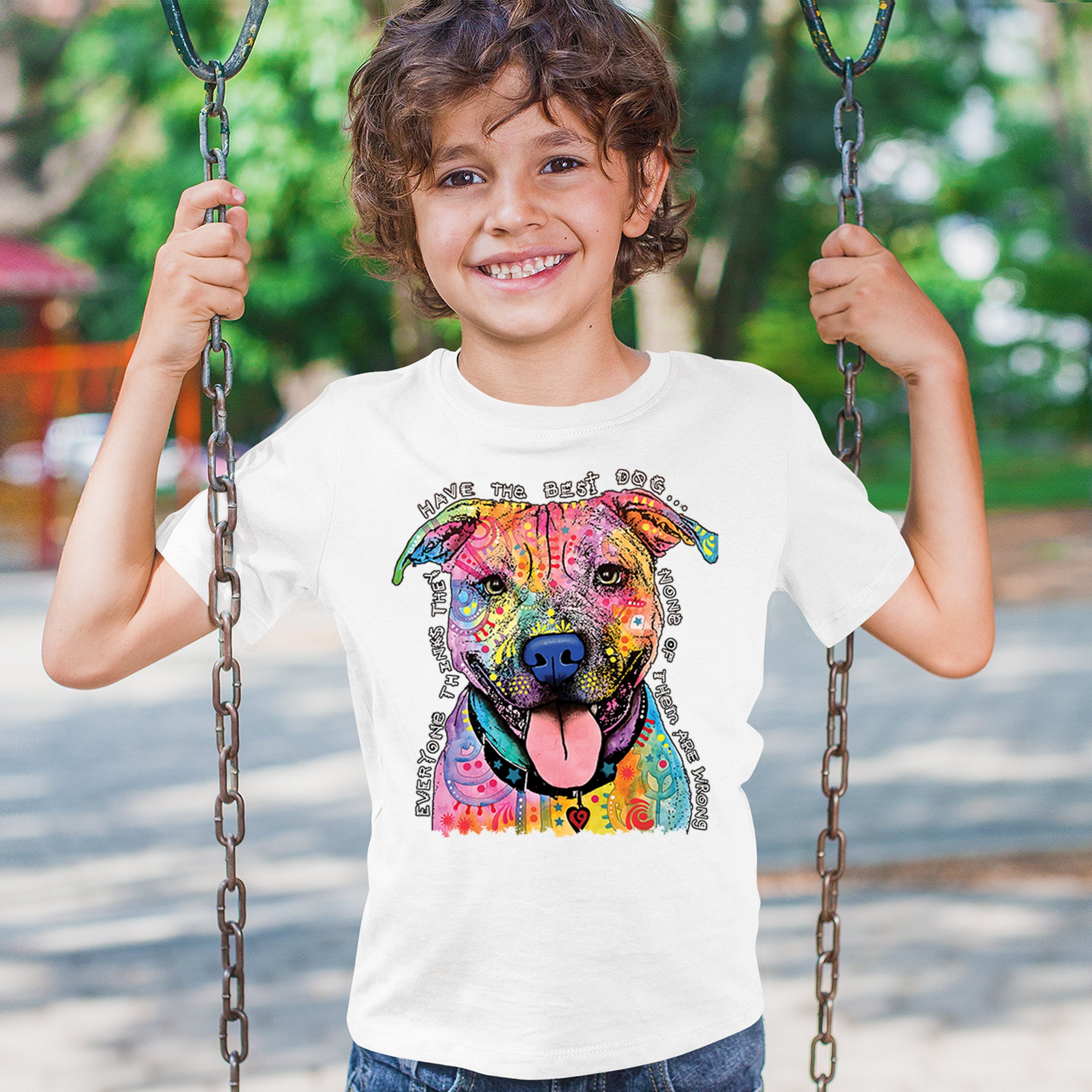 Dean Russo Colorful Pit Bull Youth T-shirt Everyone Has Best Dogs Kids - Picture 26 of 50