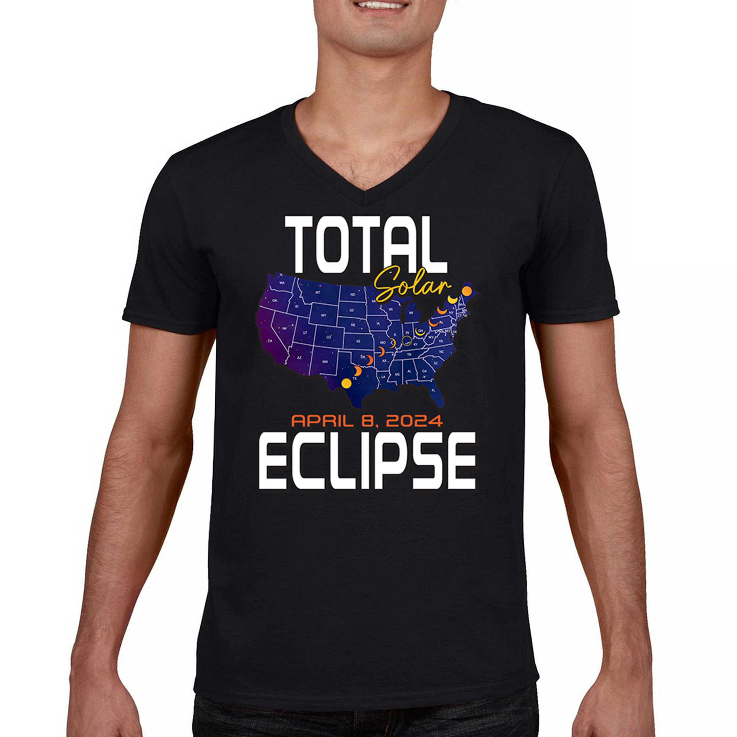 ALTRA T shirt collo a V Total Solar Eclipse Map 8 aprile 2024 orologio festa sole luna maglietta