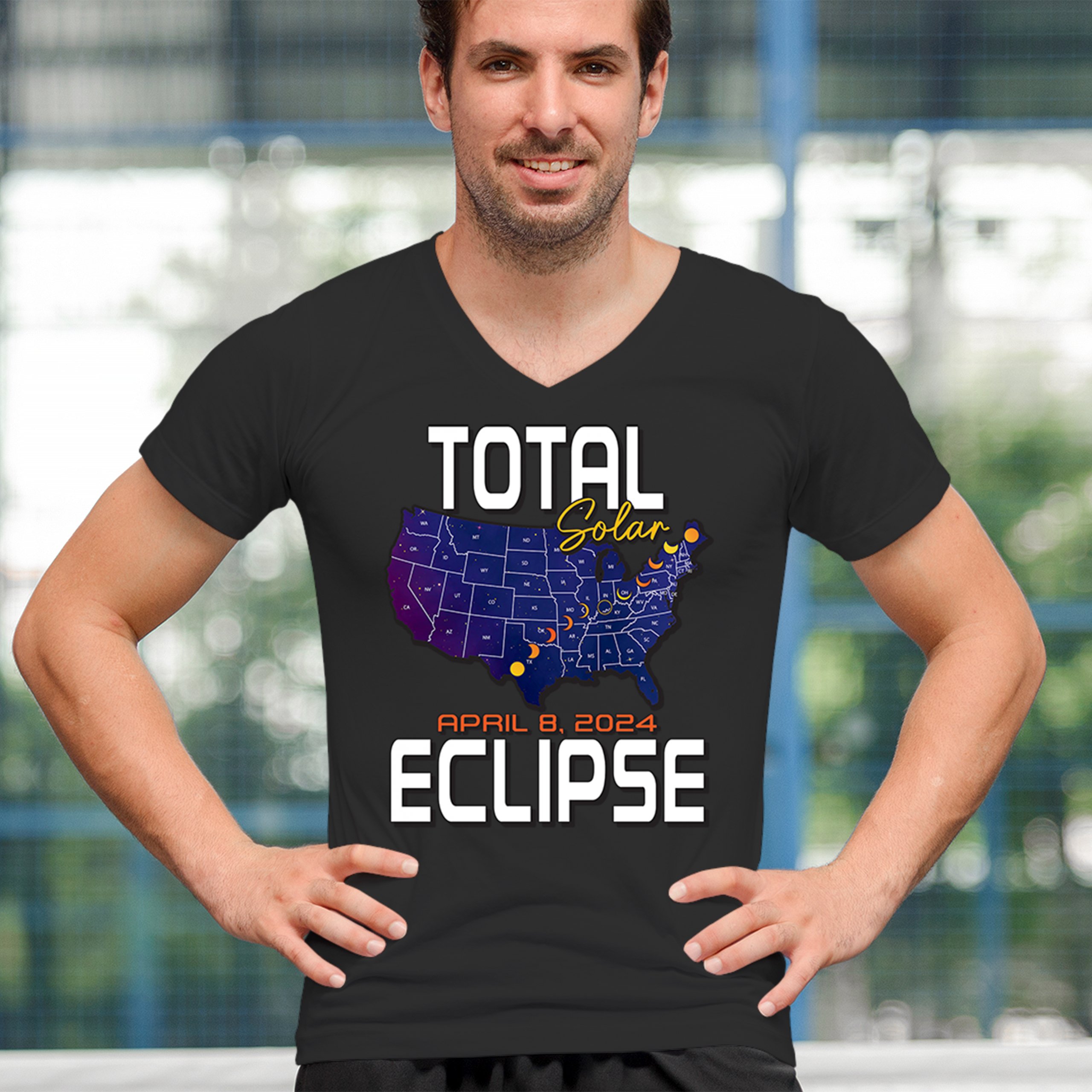 ALTRA T shirt collo a V Total Solar Eclipse Map 8 aprile 2024 orologio festa sole luna maglietta