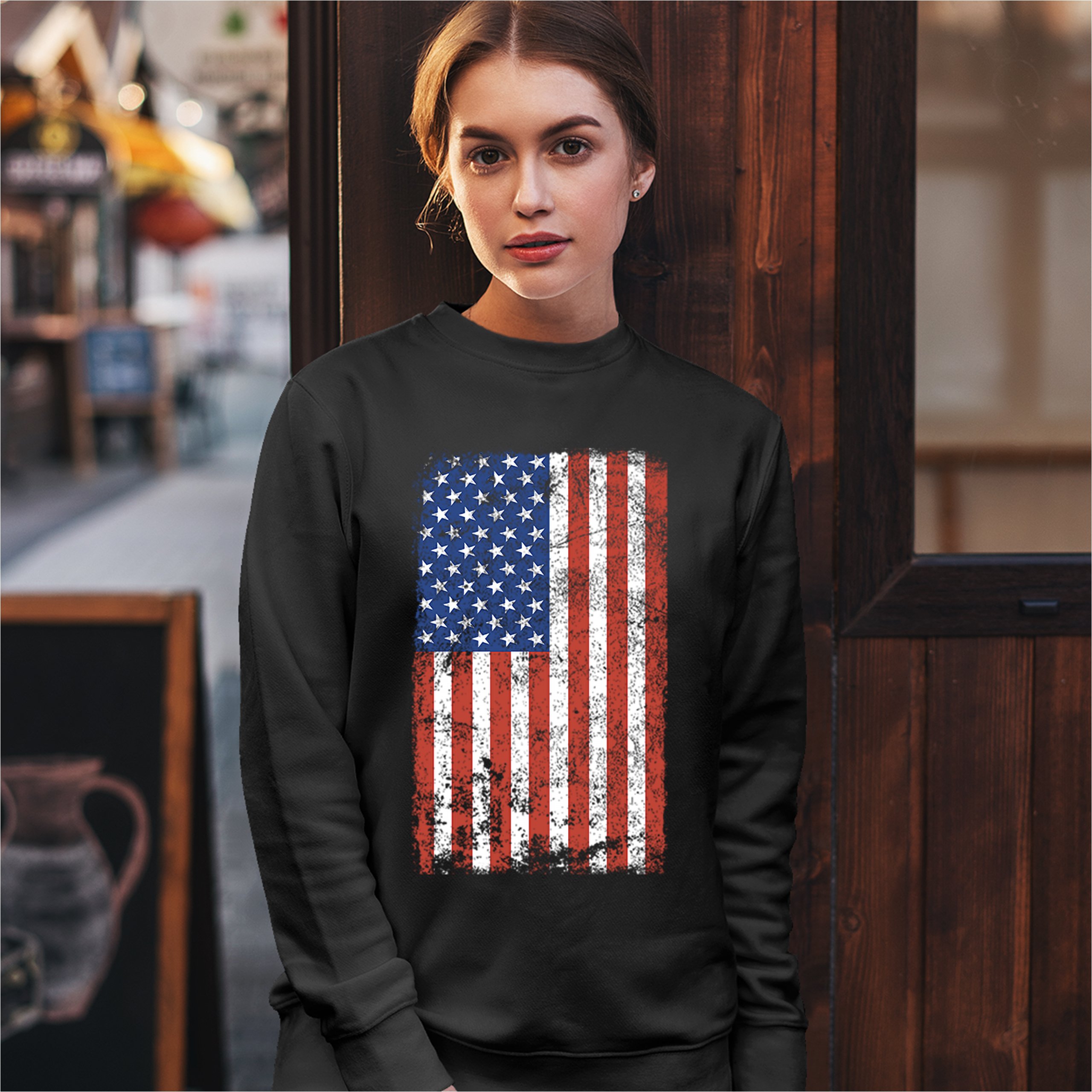 Distressed Grunge American Flag Sweatshirt Vintage 4th of July USA Crewneck - Picture 6 of 26