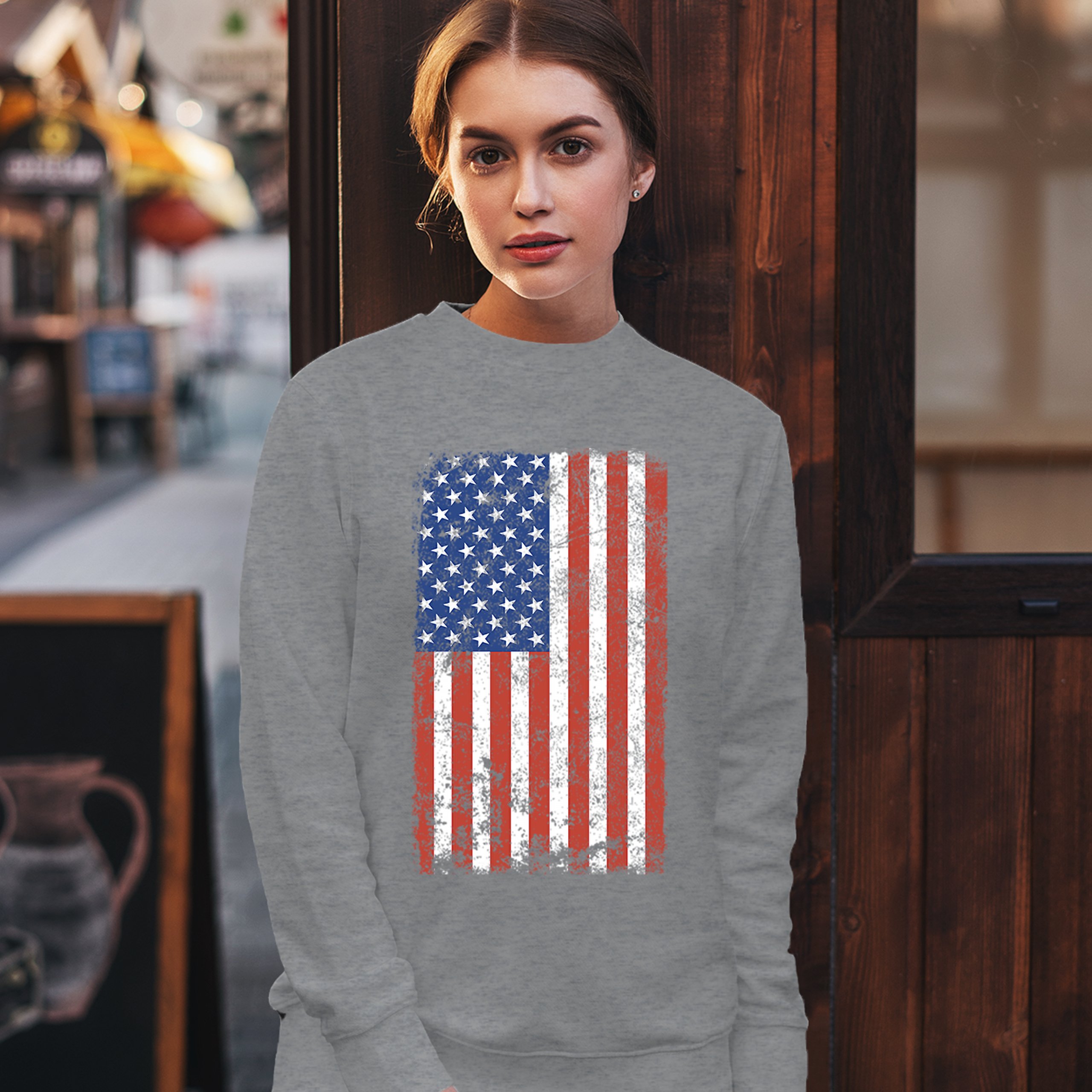 Distressed Grunge American Flag Sweatshirt Vintage 4th of July USA Crewneck - Picture 11 of 26