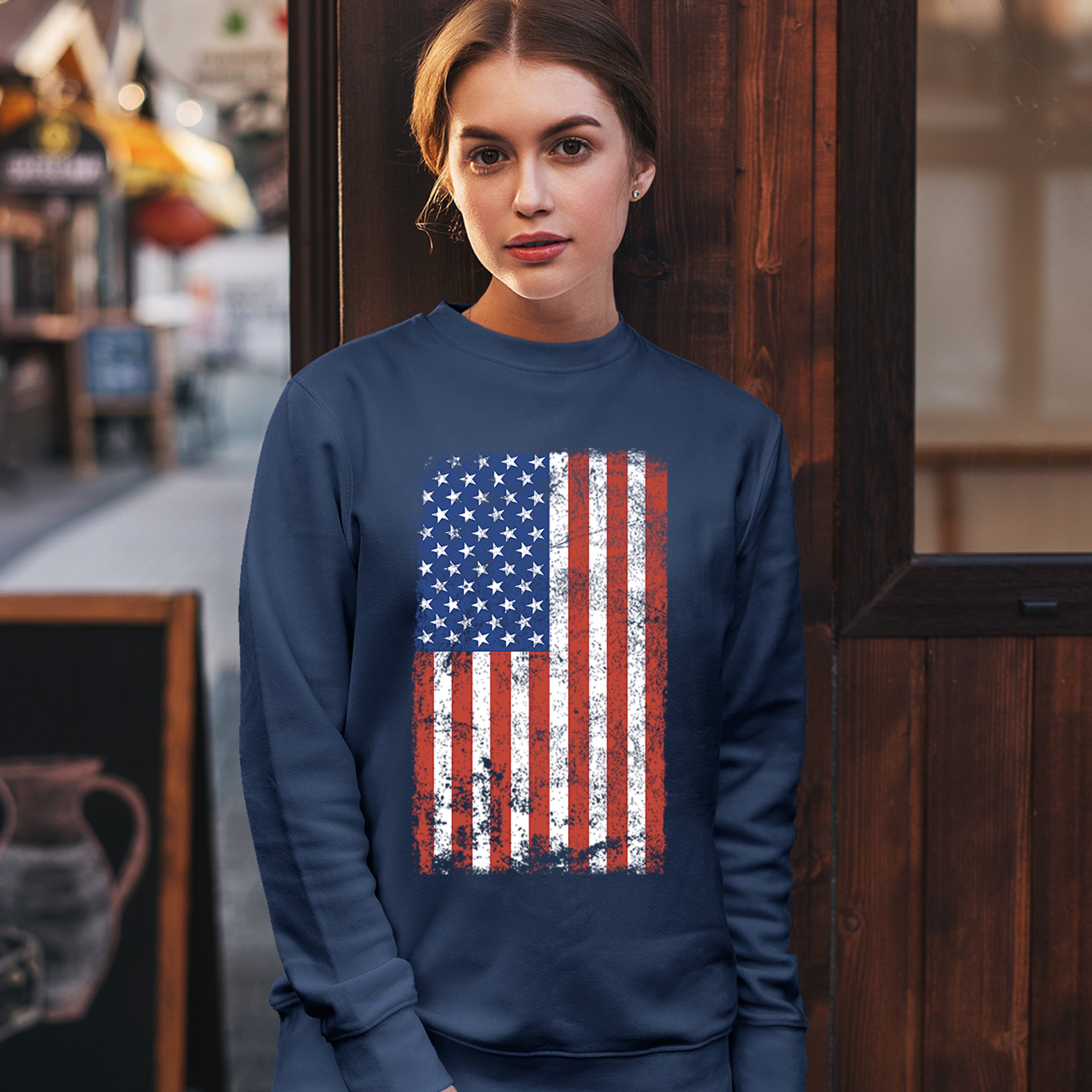 Distressed Grunge American Flag Sweatshirt Vintage 4th of July USA Crewneck - Picture 21 of 26
