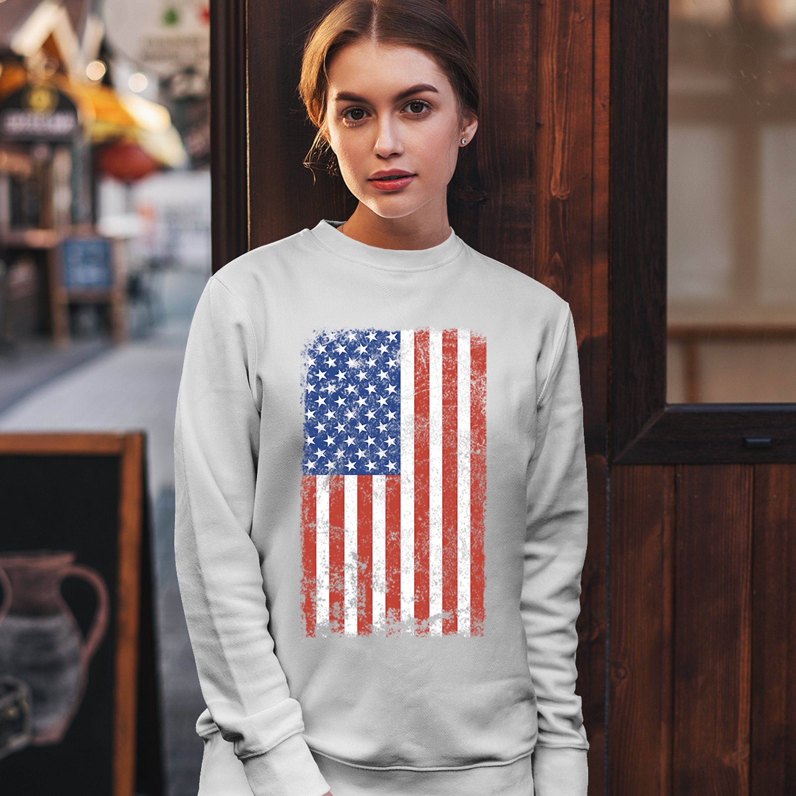Distressed Grunge American Flag Sweatshirt Vintage 4th of July USA Crewneck - Picture 16 of 26