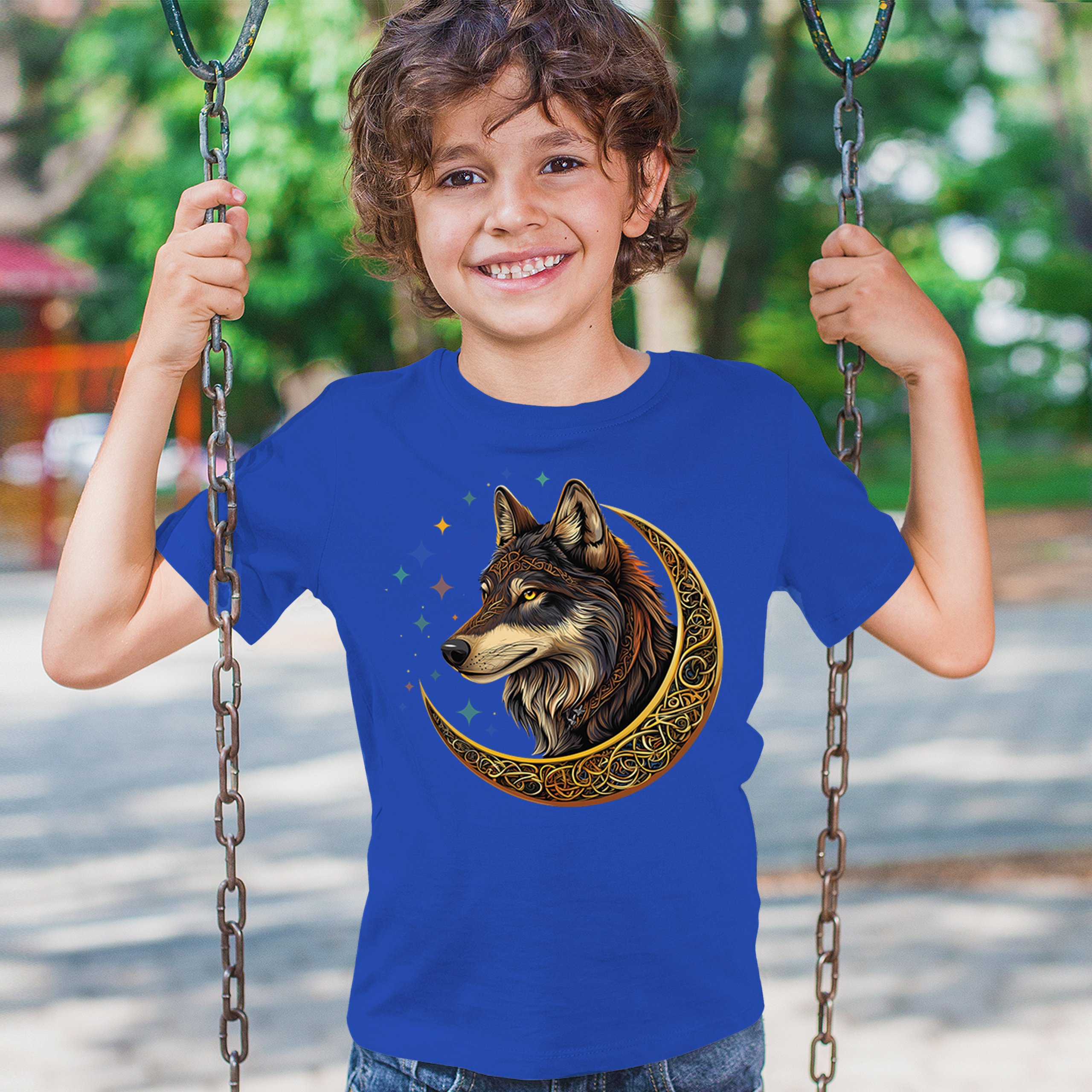 Celtic Moon Wolf Youth T-shirt Mystical Forest Guardian Spiritual Nature Kids - Picture 40 of 50
