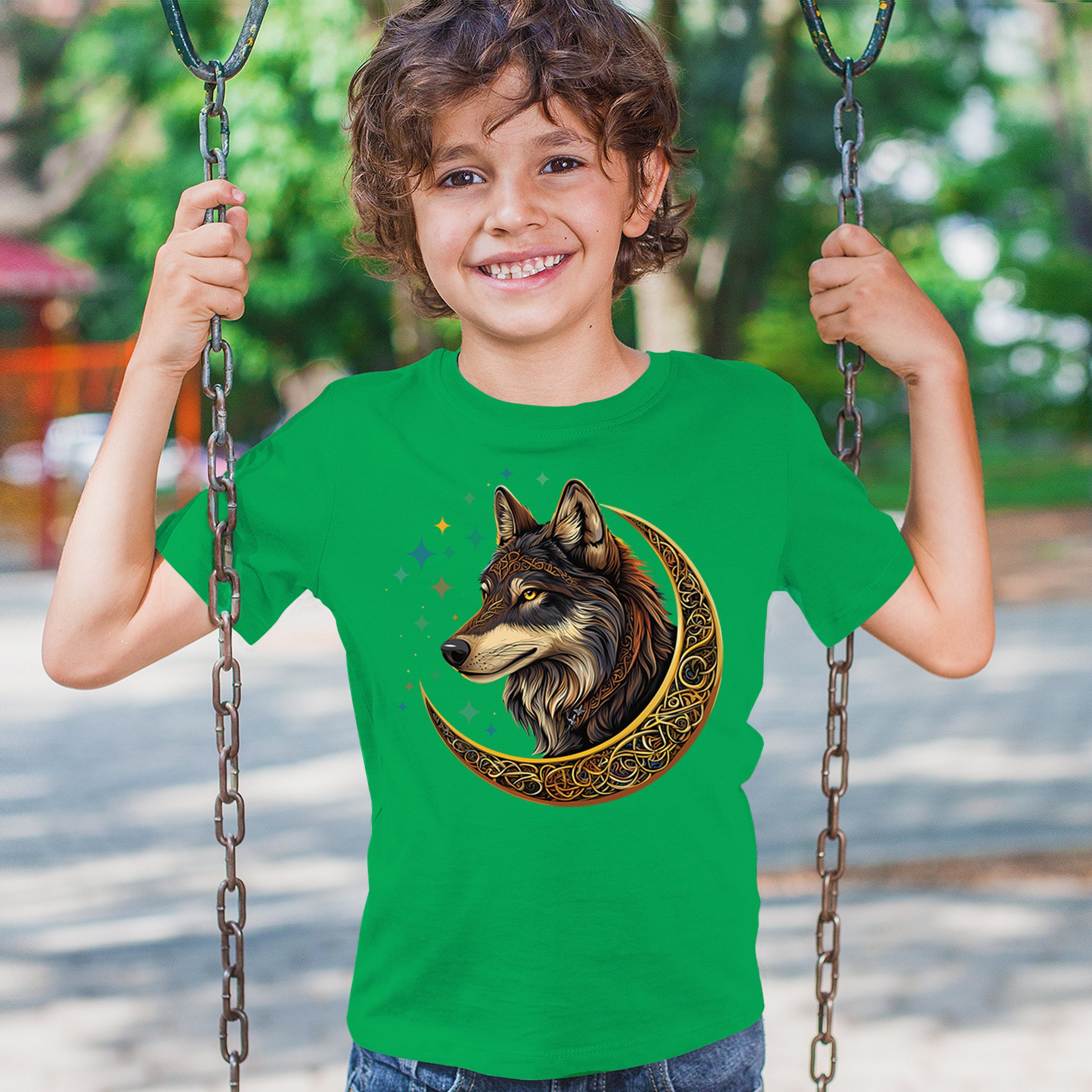 Celtic Moon Wolf Youth T-shirt Mystical Forest Guardian Spiritual Nature Kids - Picture 33 of 50