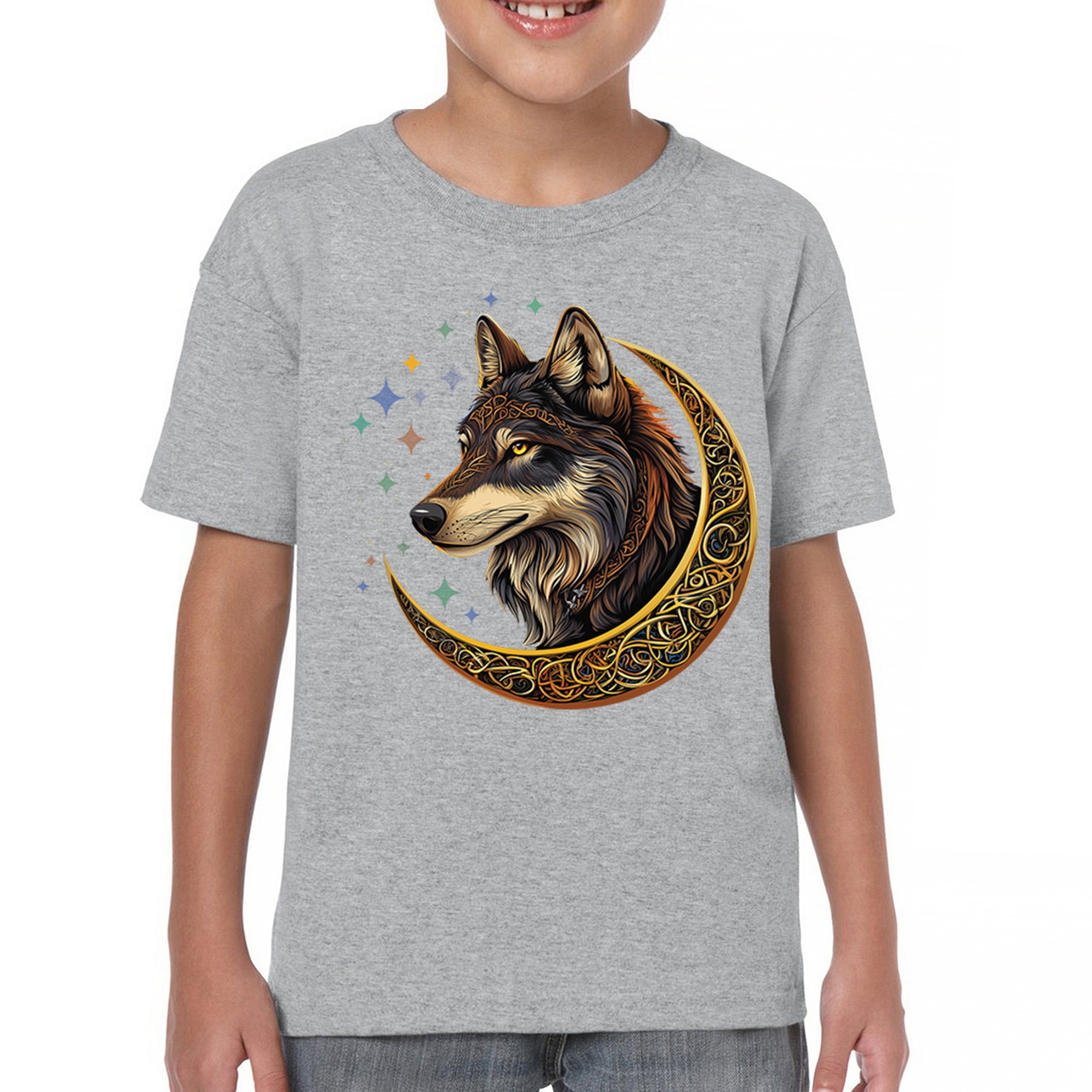 Celtic Moon Wolf Youth T-shirt Mystical Forest Guardian Spiritual Nature Kids - Picture 9 of 50