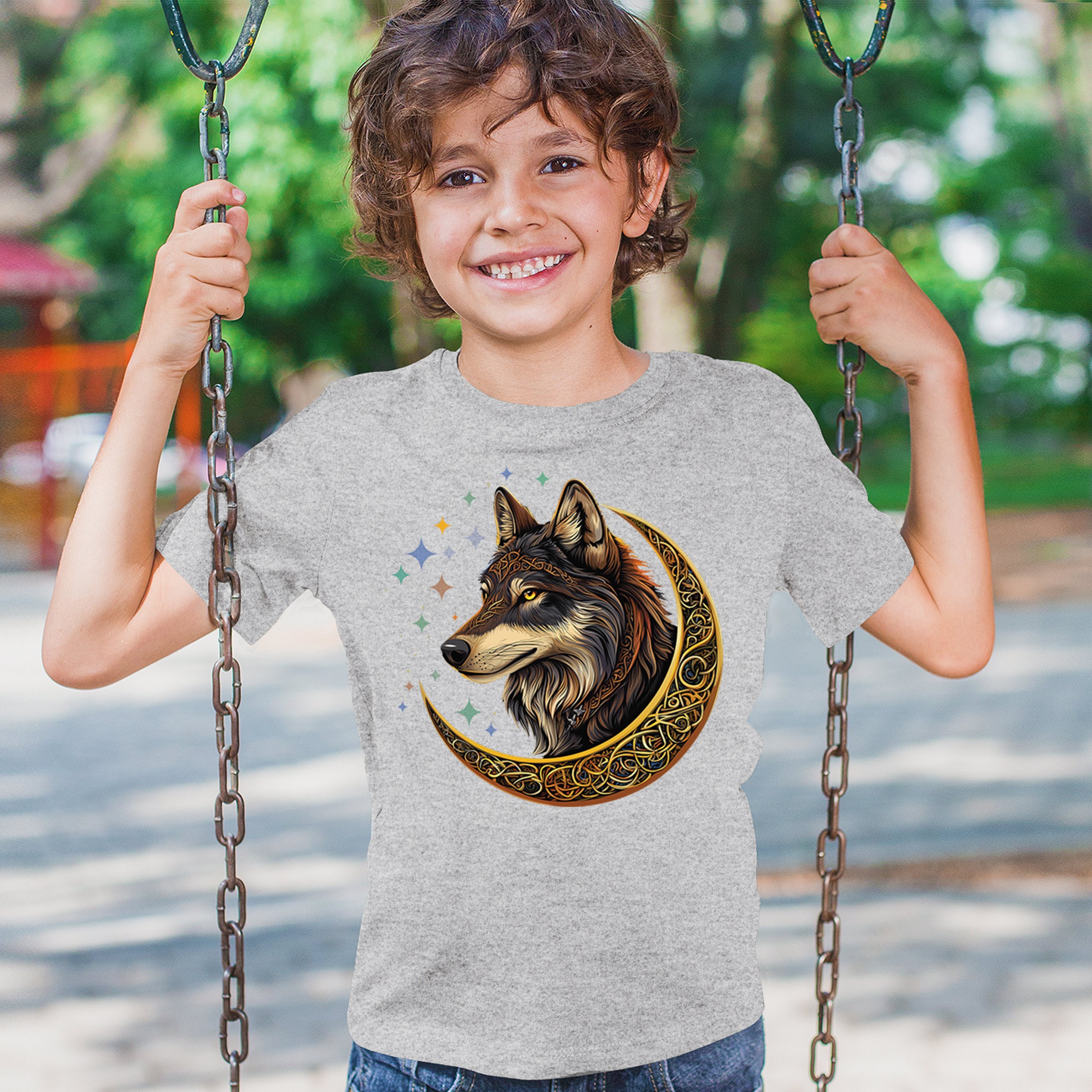 Celtic Moon Wolf Youth T-shirt Mystical Forest Guardian Spiritual Nature Kids - Picture 12 of 50