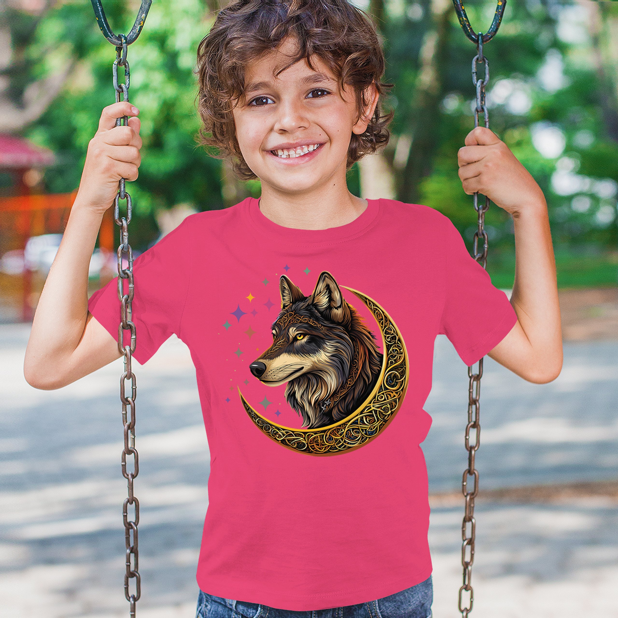 Celtic Moon Wolf Youth T-shirt Mystical Forest Guardian Spiritual Nature Kids - Picture 47 of 50