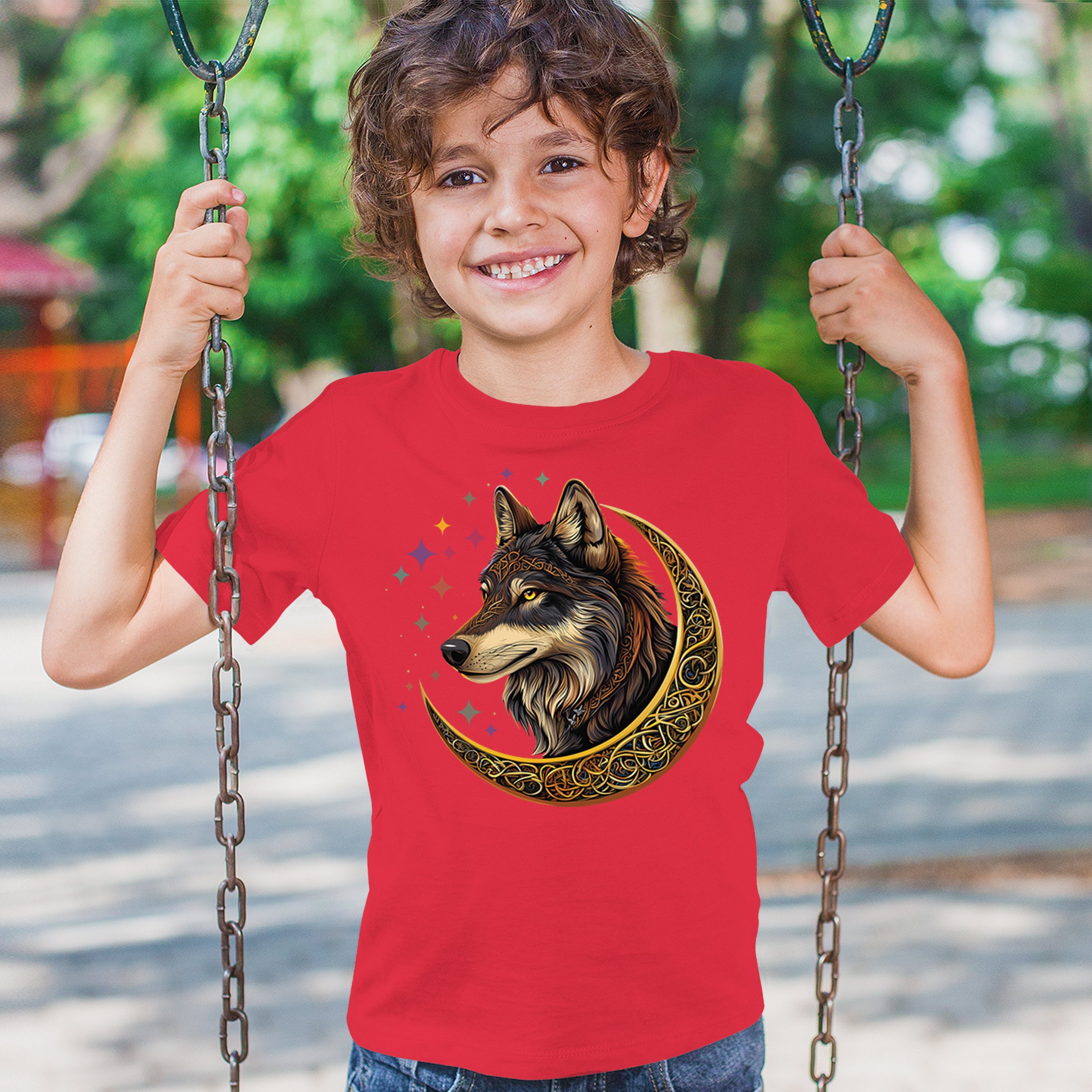 Celtic Moon Wolf Youth T-shirt Mystical Forest Guardian Spiritual Nature Kids - Picture 19 of 50