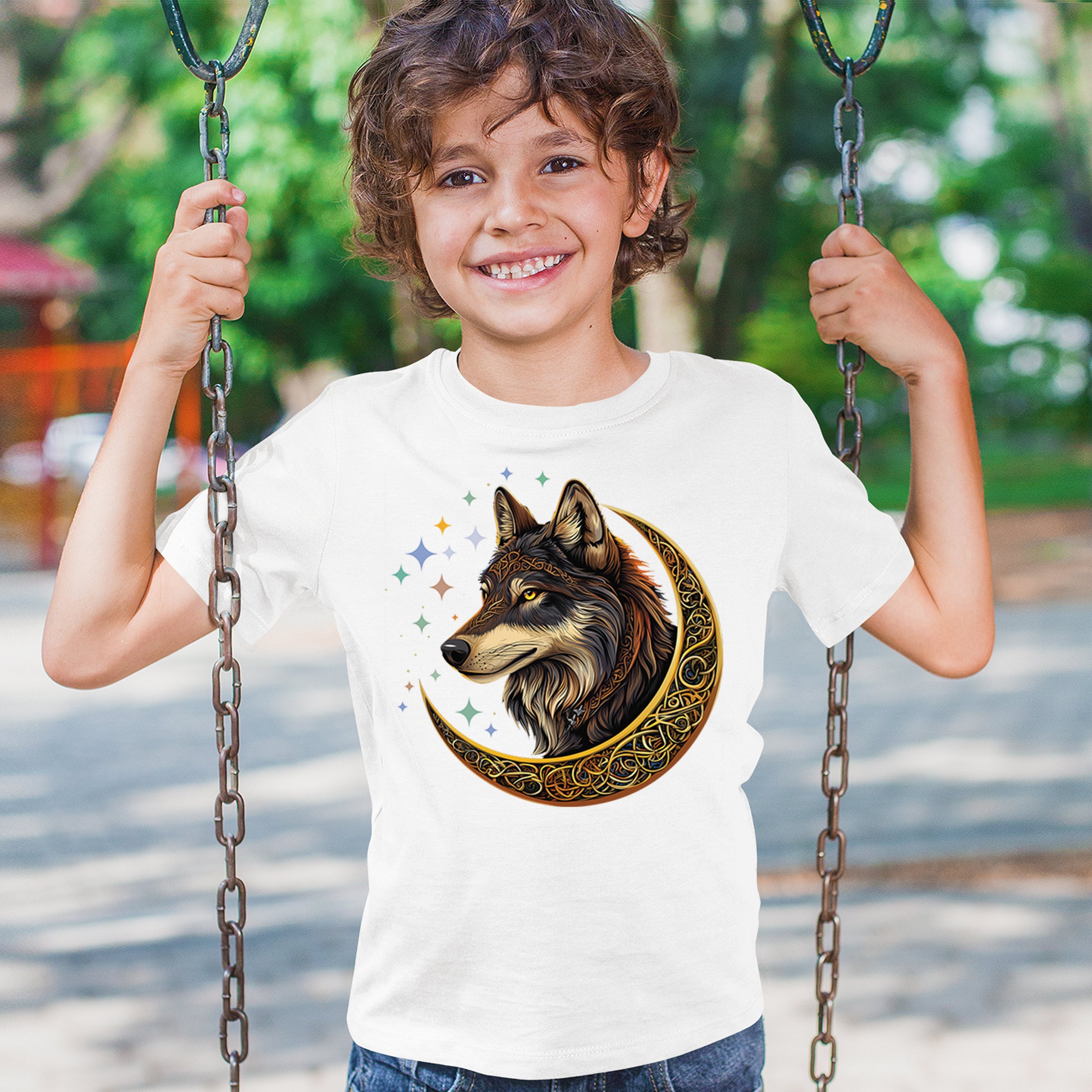 Celtic Moon Wolf Youth T-shirt Mystical Forest Guardian Spiritual Nature Kids - Picture 26 of 50