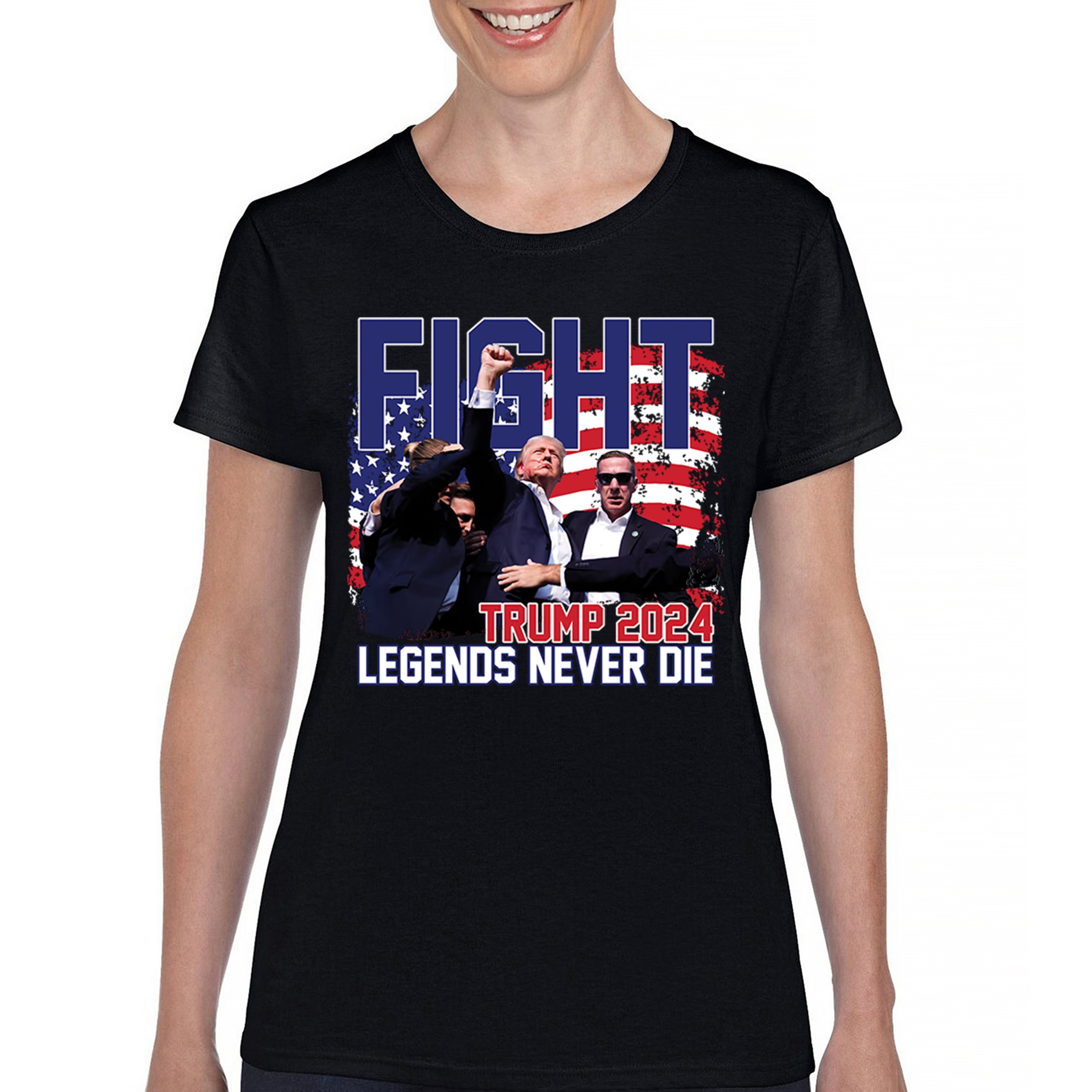 Trump 2024 Legends Never Die T-Shirt MAGA America First President Women's Tee - Picture 2 of 50