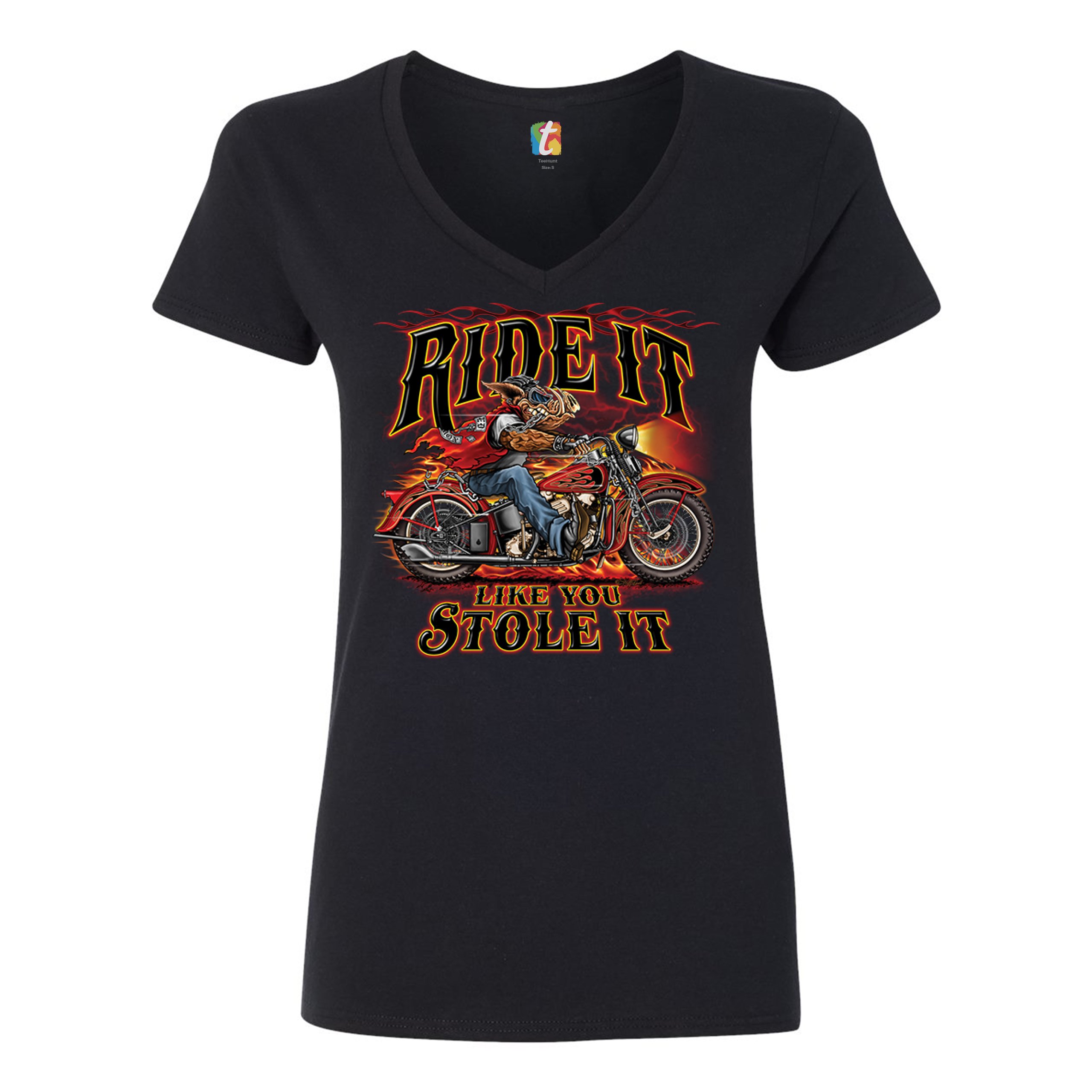 Ride It Like You Stole It Women's V-Neck T-shirt Biker Born to Be Wild Tee - Picture 3 of 41