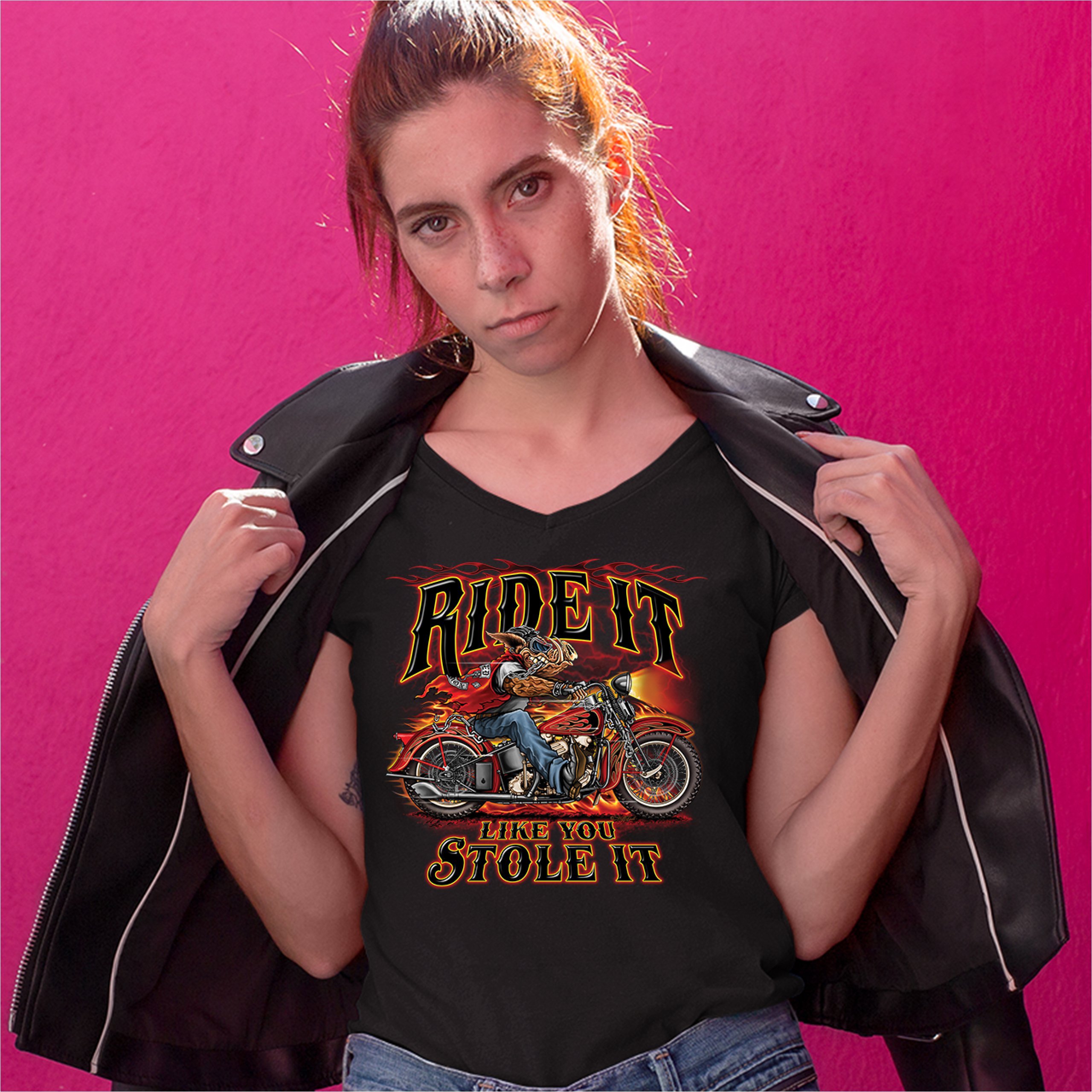 Ride It Like You Stole It Women's V-Neck T-shirt Biker Born to Be Wild Tee - Picture 5 of 41