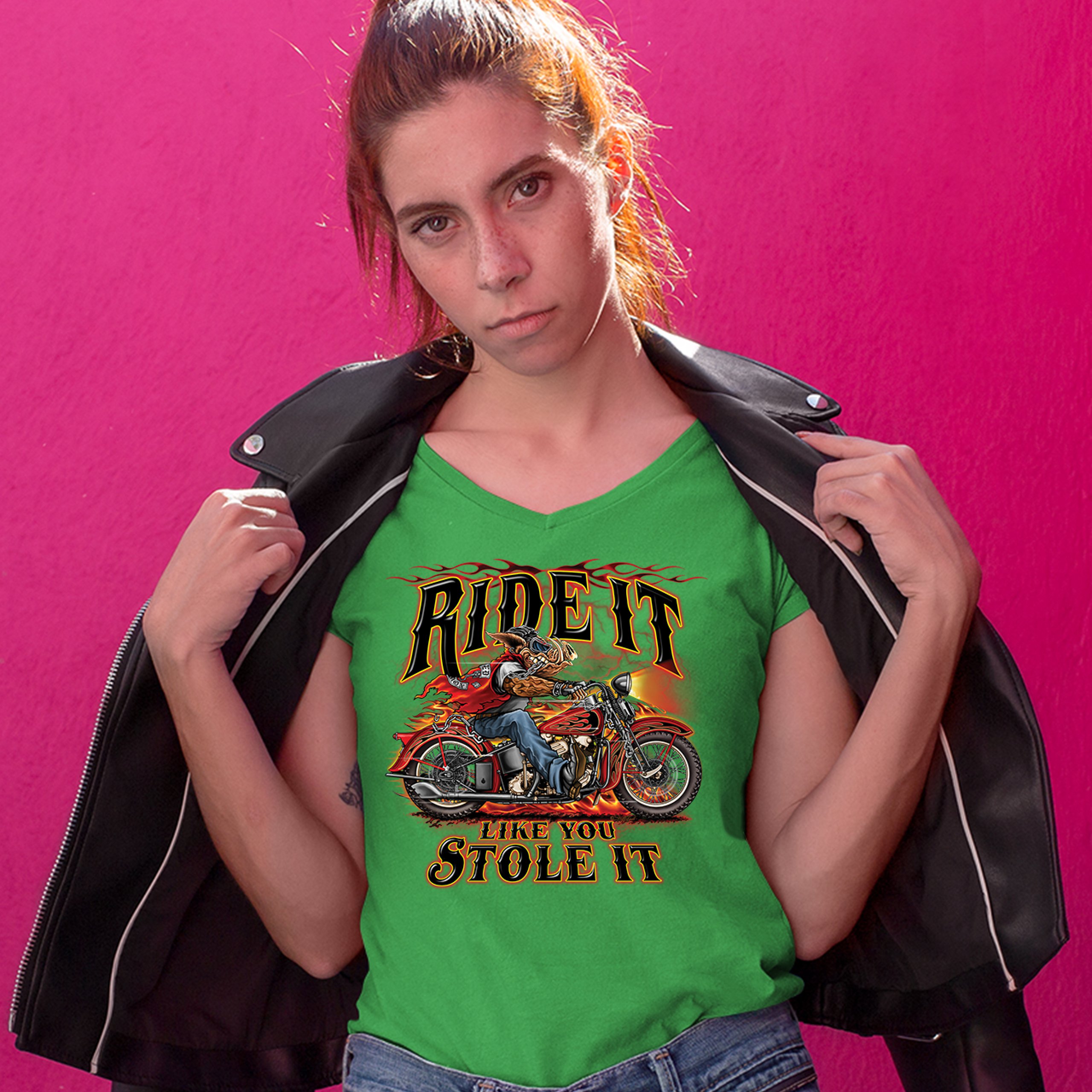 Ride It Like You Stole It Women's V-Neck T-shirt Biker Born to Be Wild Tee - Picture 29 of 41