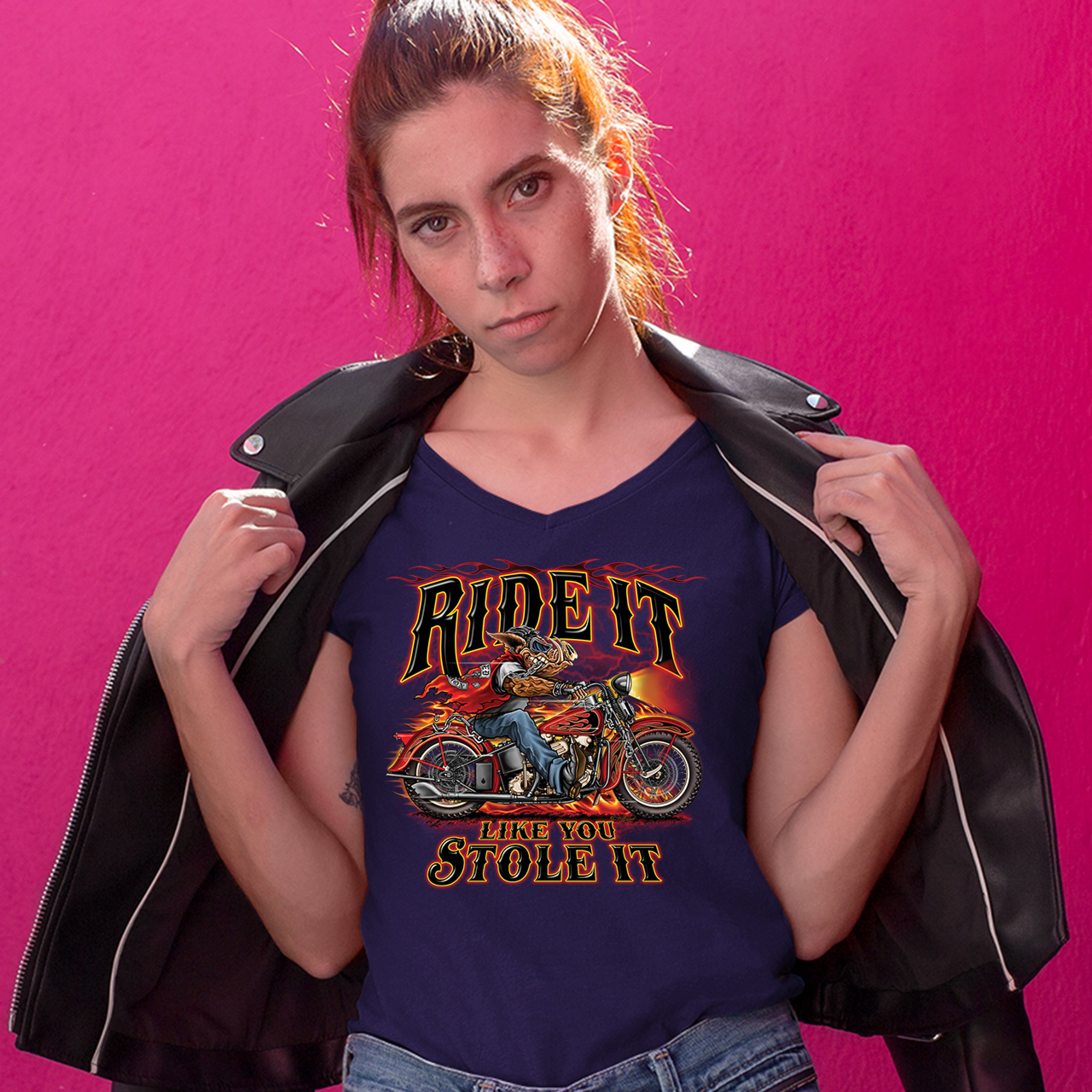 Ride It Like You Stole It Women's V-Neck T-shirt Biker Born to Be Wild Tee - Picture 25 of 41