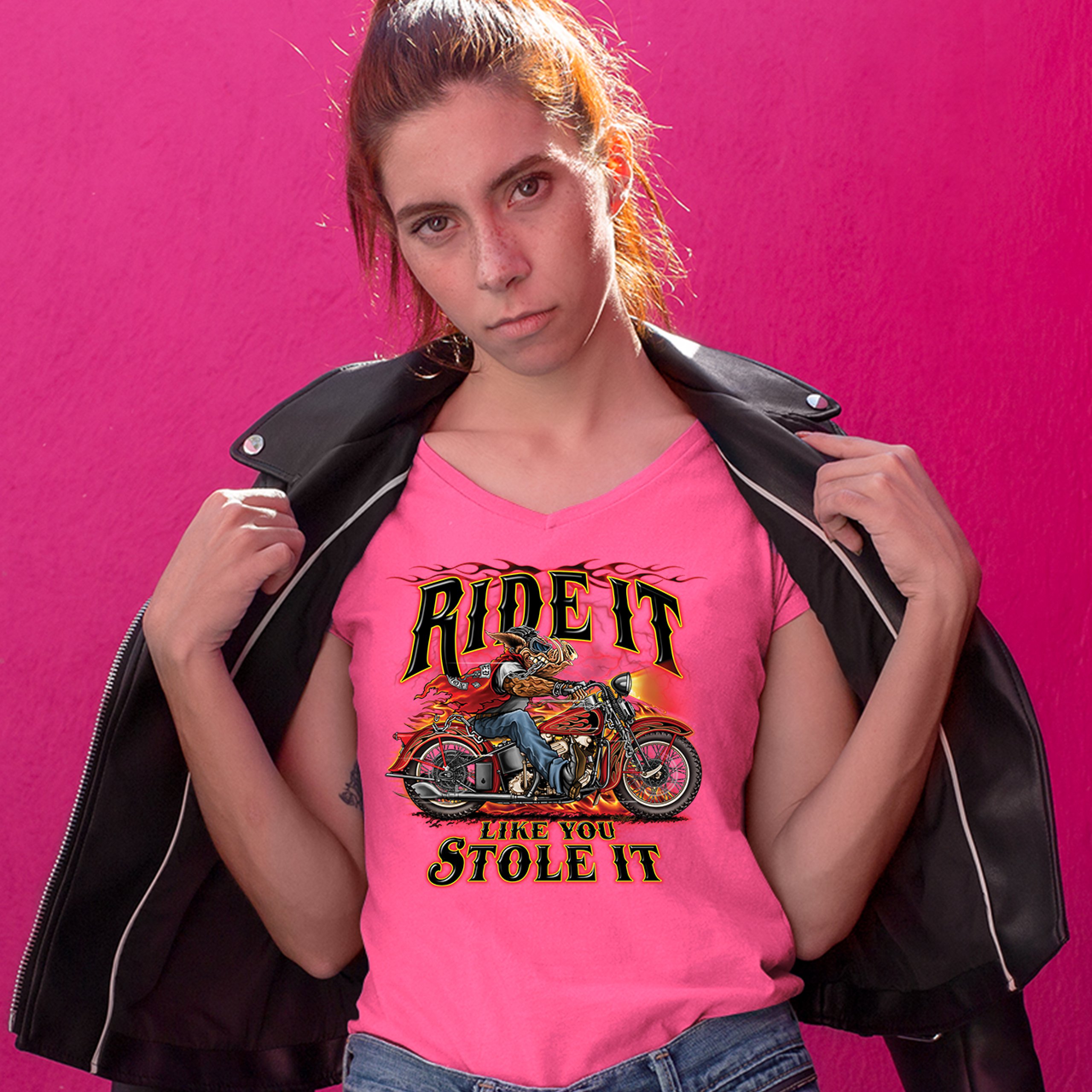 Ride It Like You Stole It Women's V-Neck T-shirt Biker Born to Be Wild Tee - Picture 37 of 41