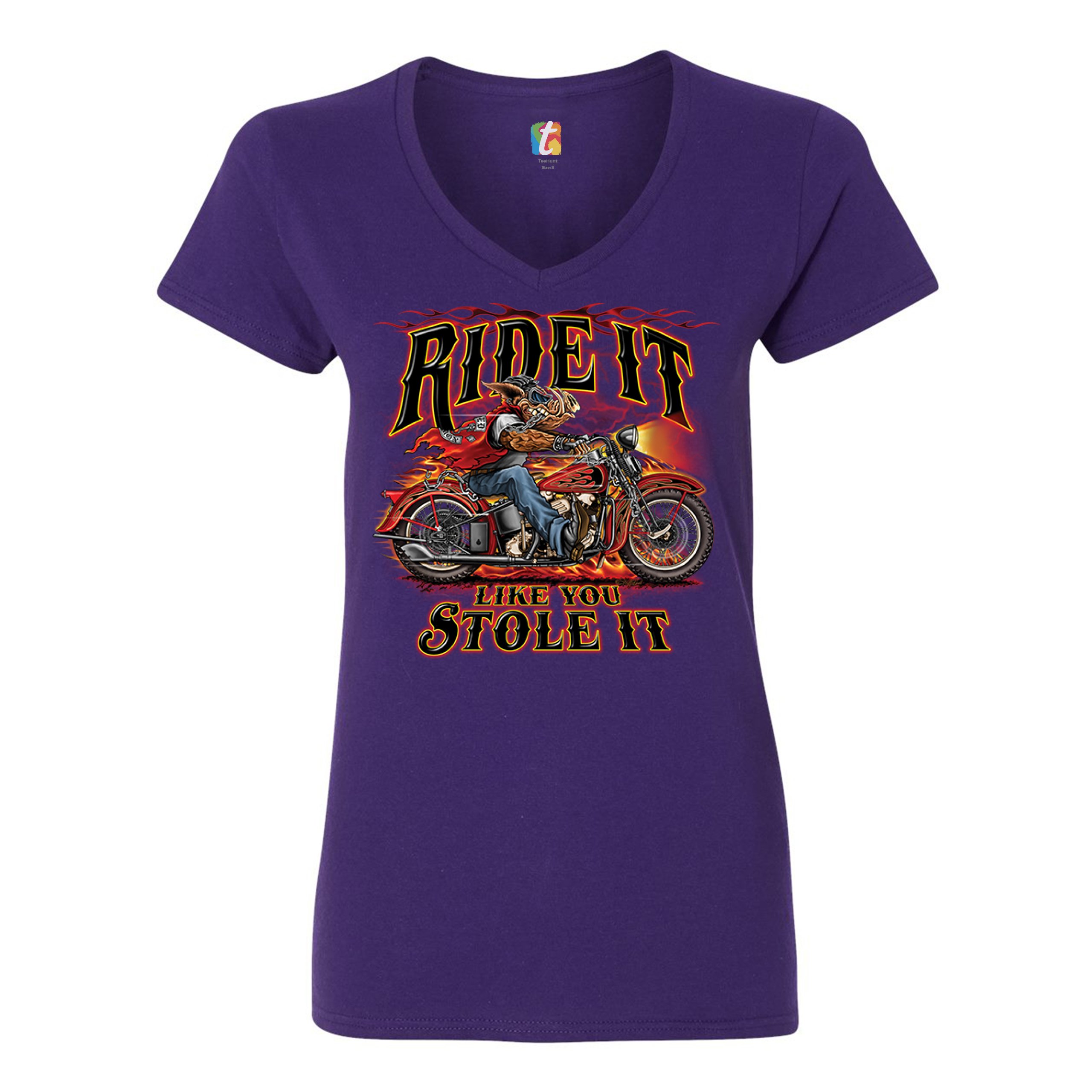 Ride It Like You Stole It Women's V-Neck T-shirt Biker Born to Be Wild Tee - Picture 11 of 41