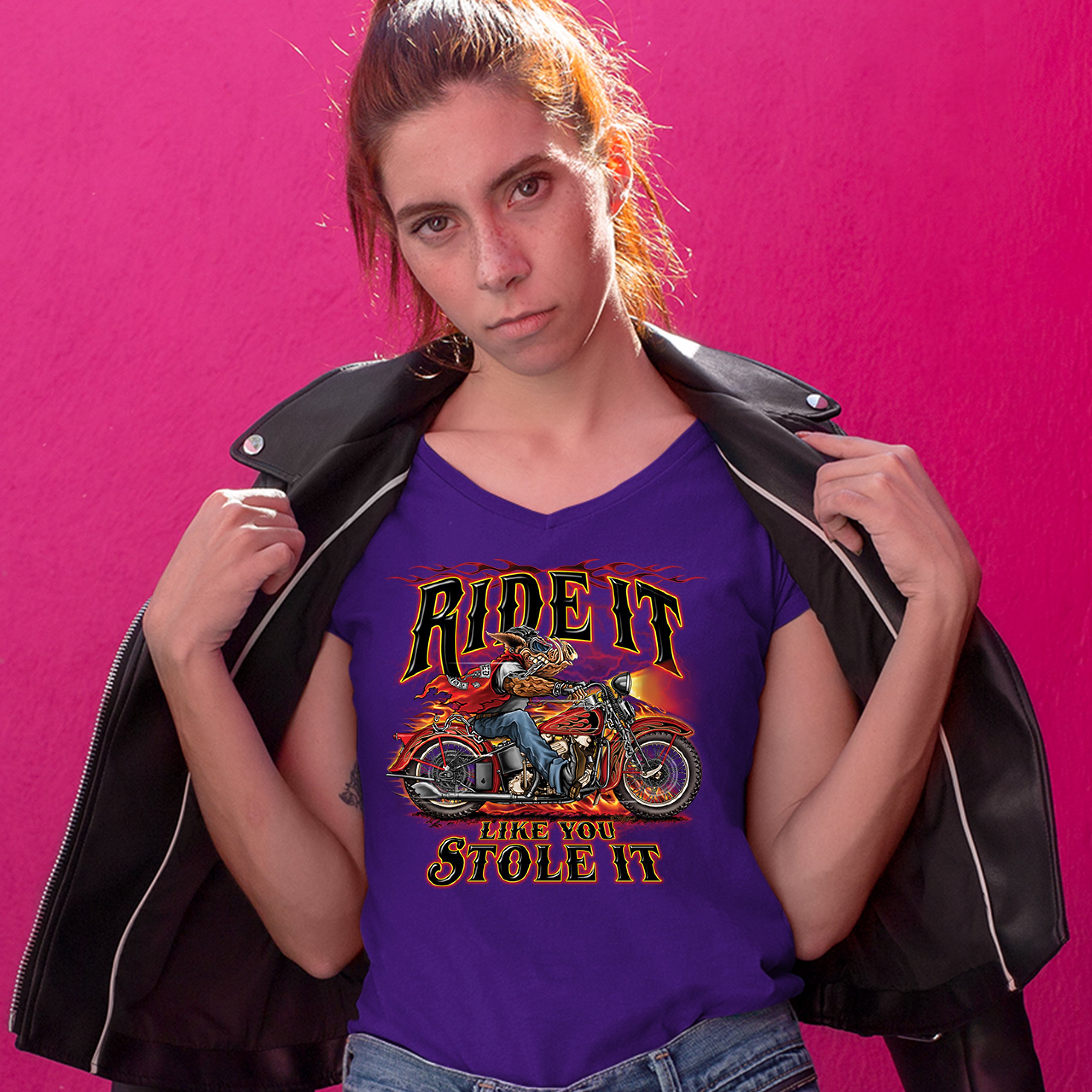 Ride It Like You Stole It Women's V-Neck T-shirt Biker Born to Be Wild Tee - Picture 13 of 41