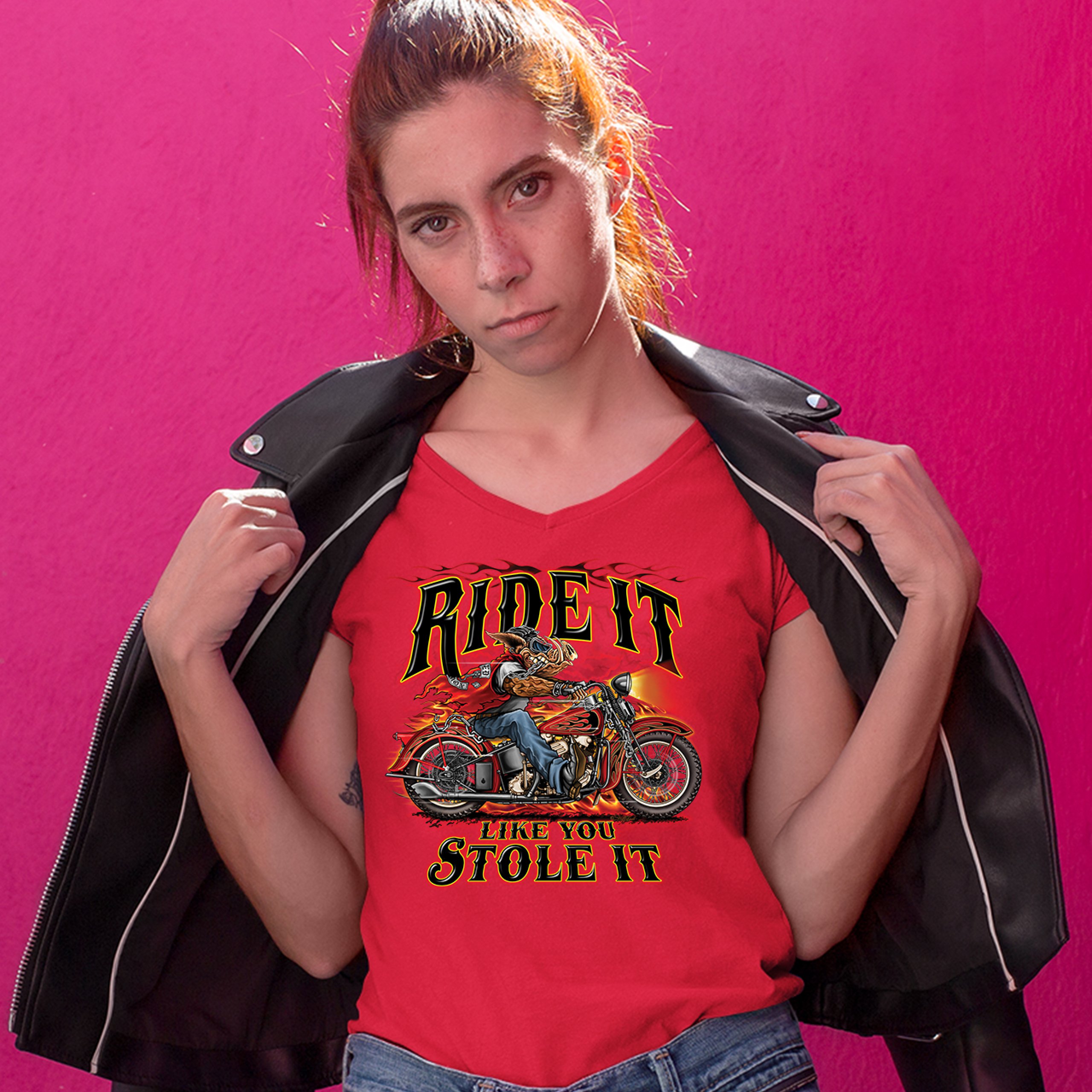Ride It Like You Stole It Women's V-Neck T-shirt Biker Born to Be Wild Tee - Picture 17 of 41