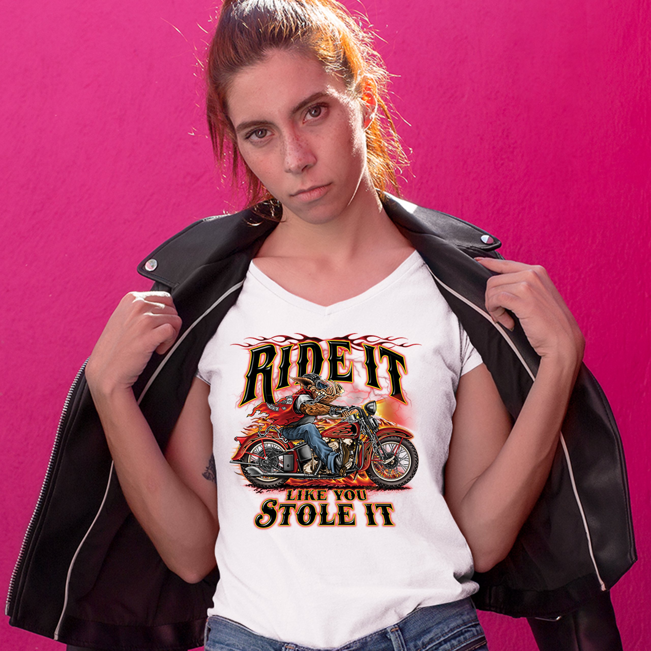 Ride It Like You Stole It Women's V-Neck T-shirt Biker Born to Be Wild Tee - Picture 21 of 41