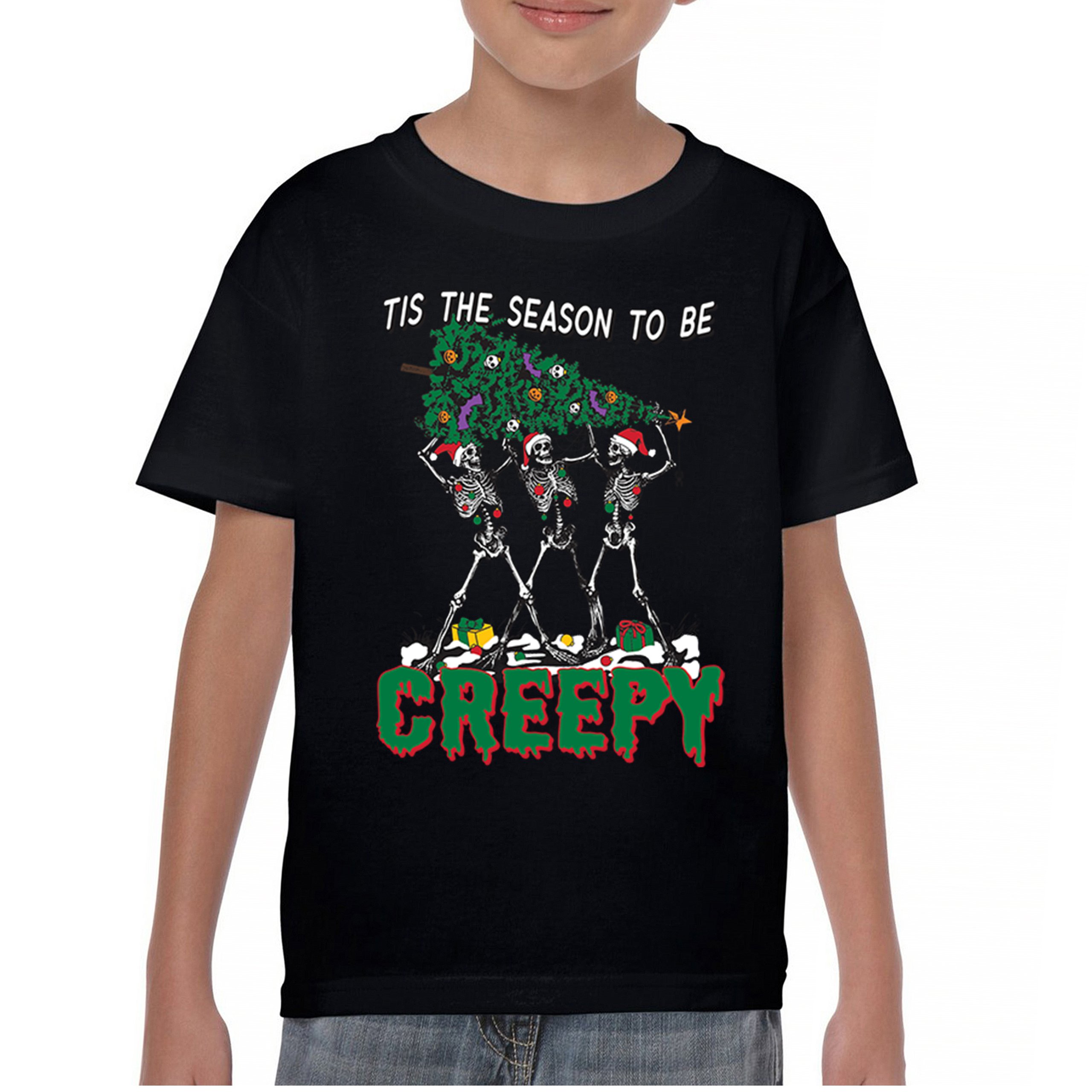 Tis The Season to Be Creepy Youth T-shirt Christmas Skeletons Santa Jolly Kids - Picture 2 of 50