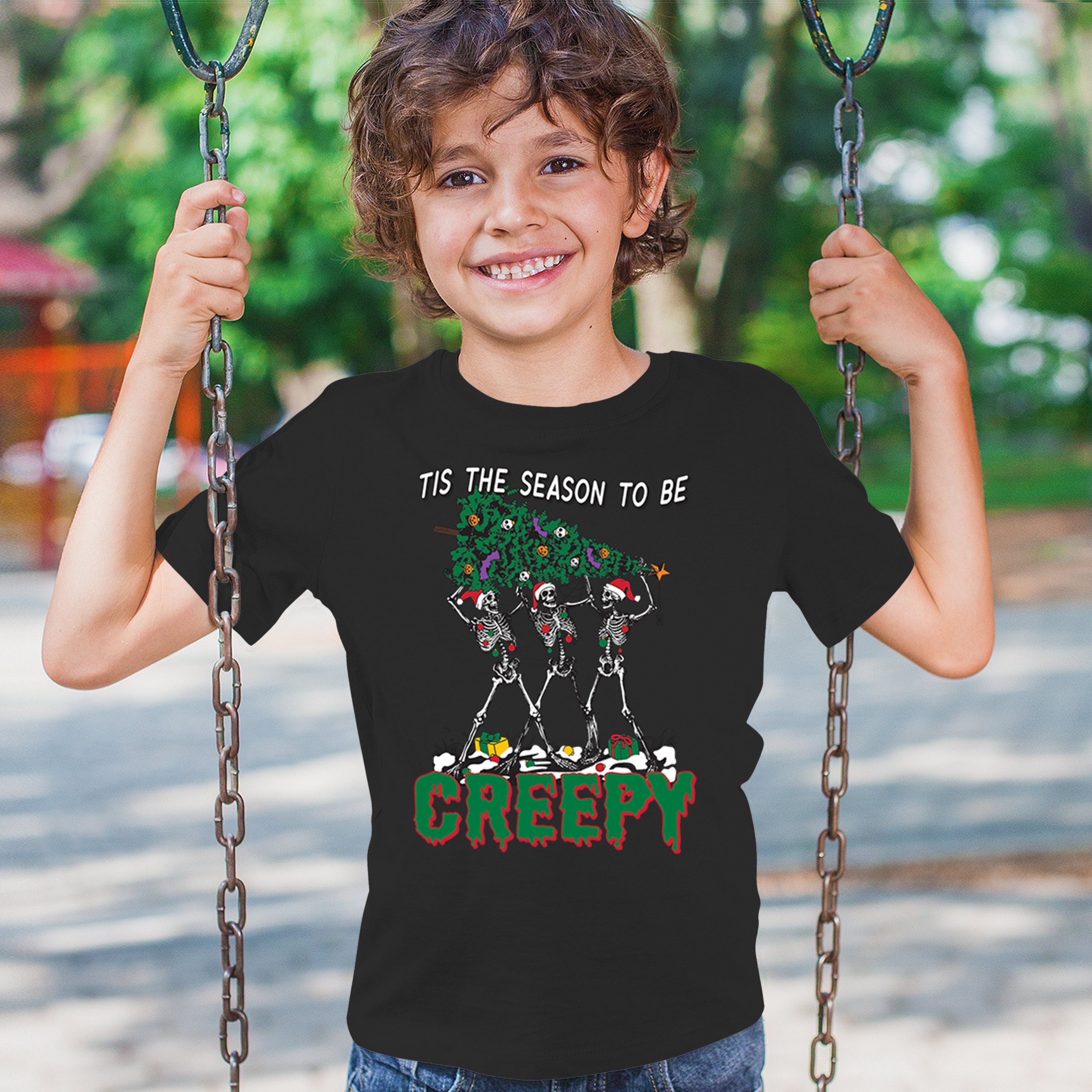 Tis The Season to Be Creepy Youth T-shirt Christmas Skeletons Santa Jolly Kids - Picture 5 of 50