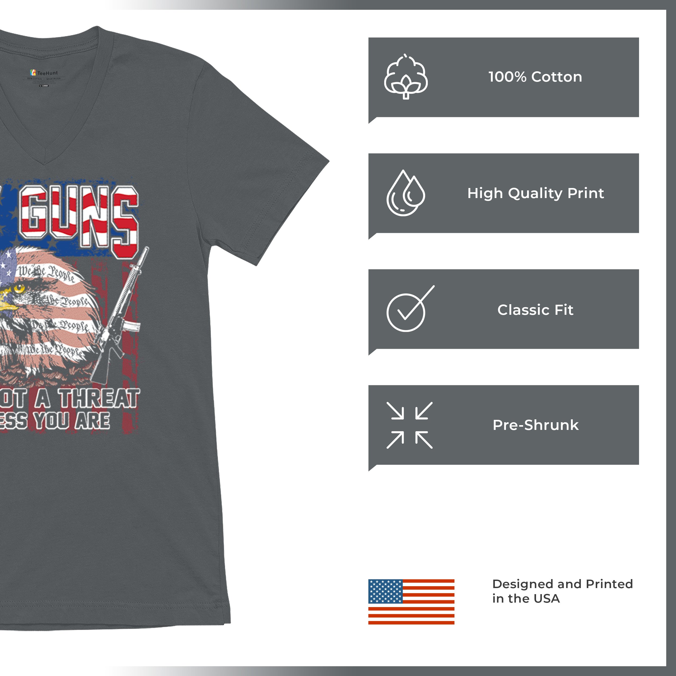 My Guns Are Not Threat V-Neck T-shirt 2nd Amendment Patriotic Gun Rights Tee - Picture 14 of 15