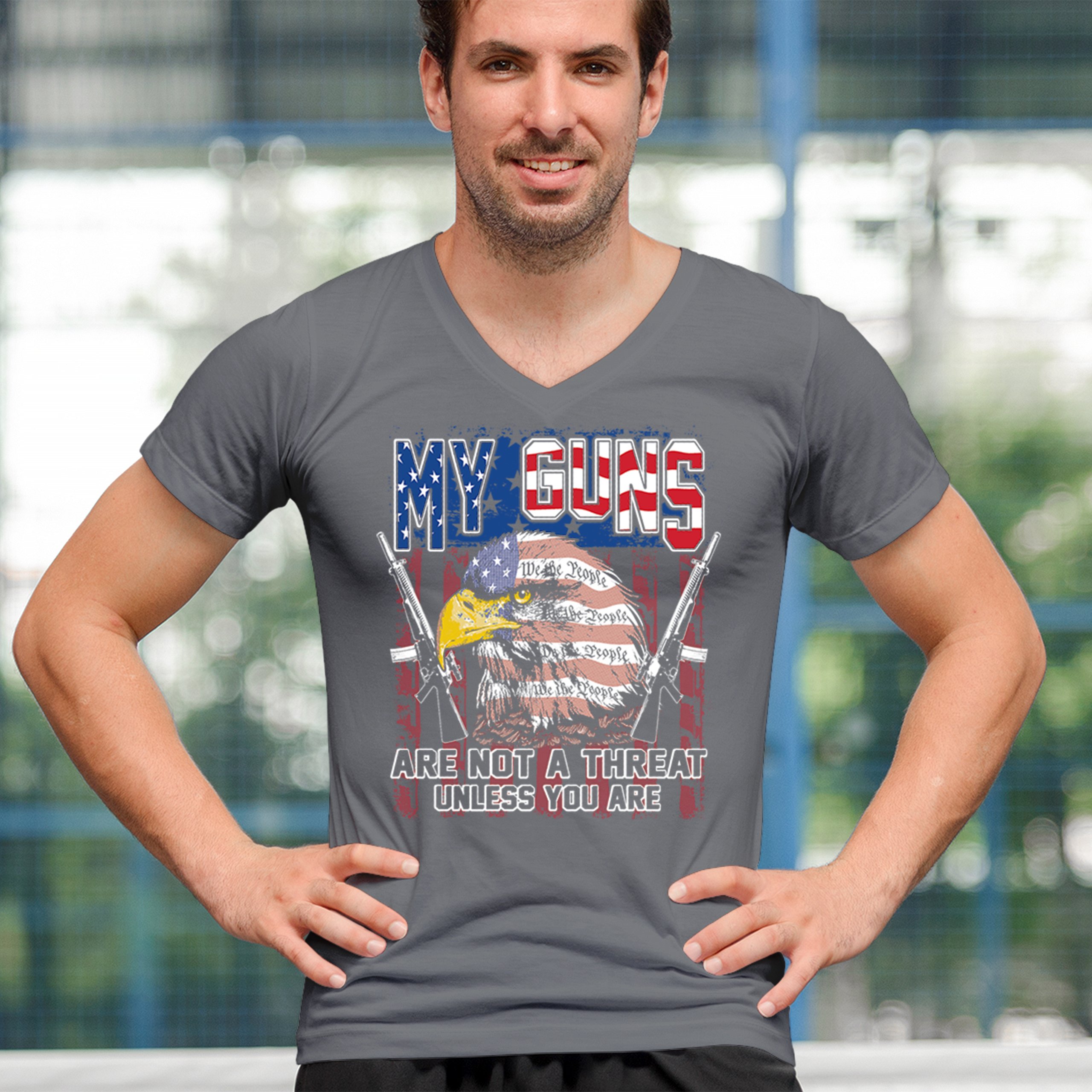 My Guns Are Not Threat V-Neck T-shirt 2nd Amendment Patriotic Gun Rights Tee - Picture 12 of 15