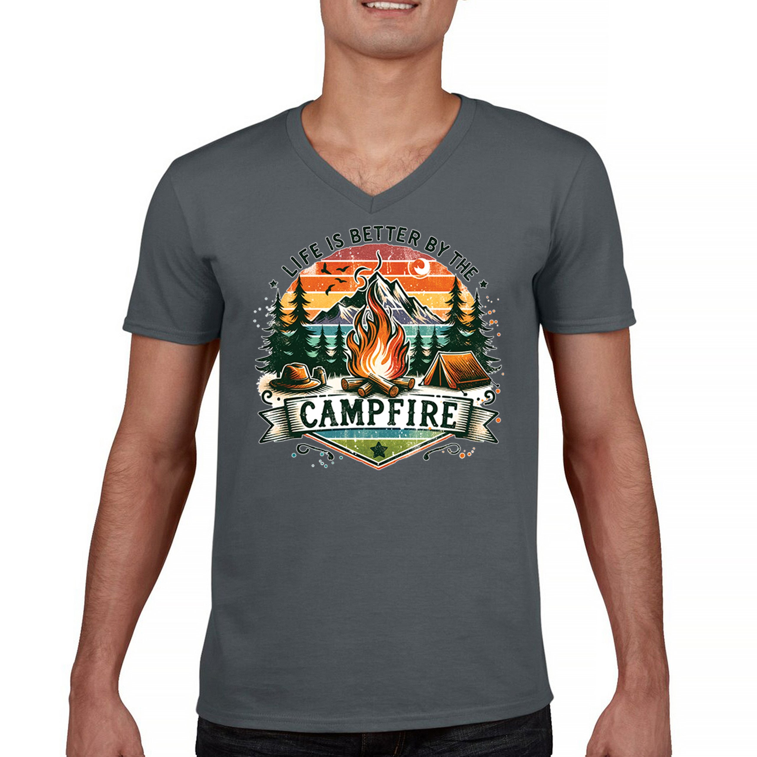 Life is Better by the Campfire Men’s V-Neck T-shirt Hiking Camping Outdoors