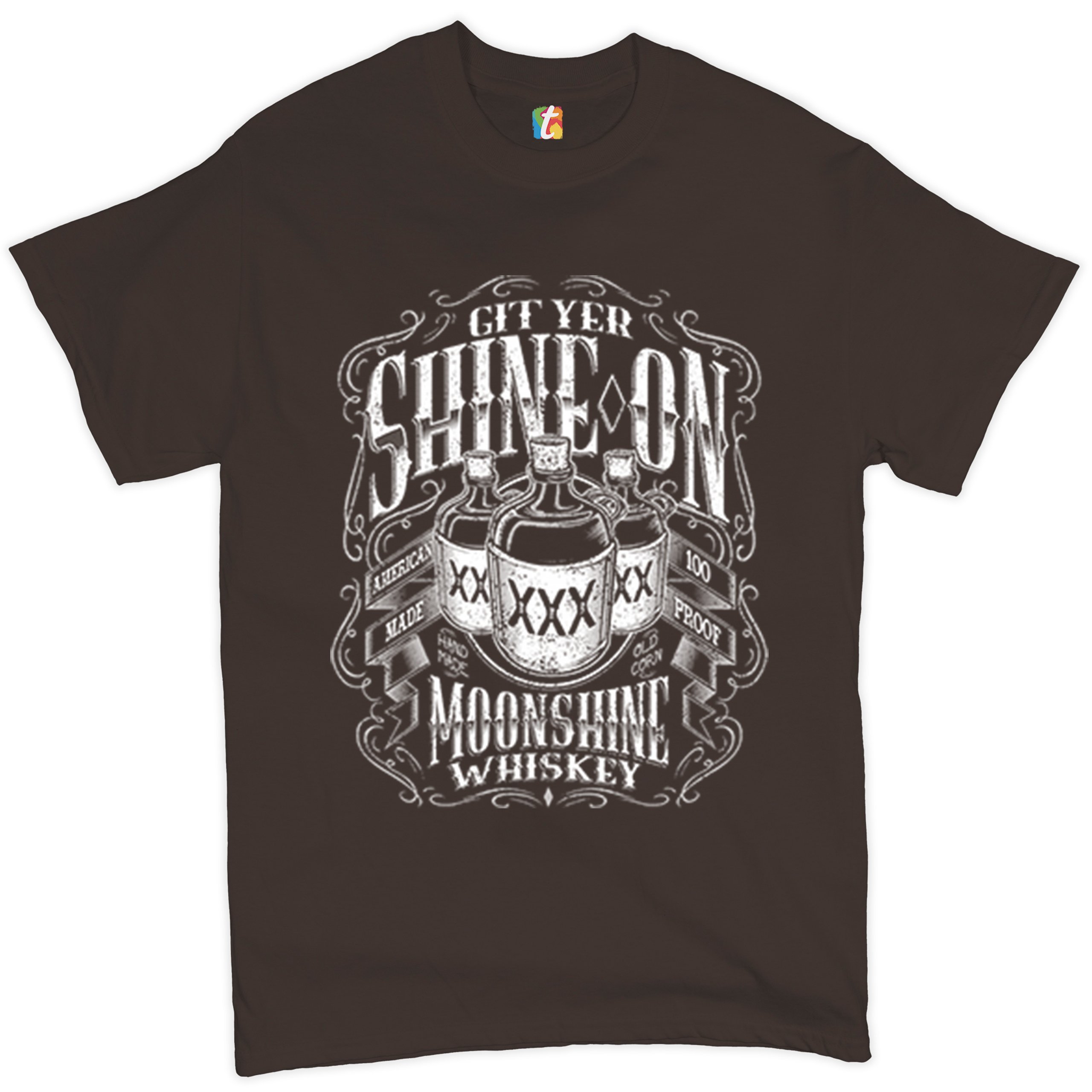 Git Yer Shine On Moonshine Whiskey T-shirt XXX Mason Jars Drinking Men's Tee - Picture 34 of 57