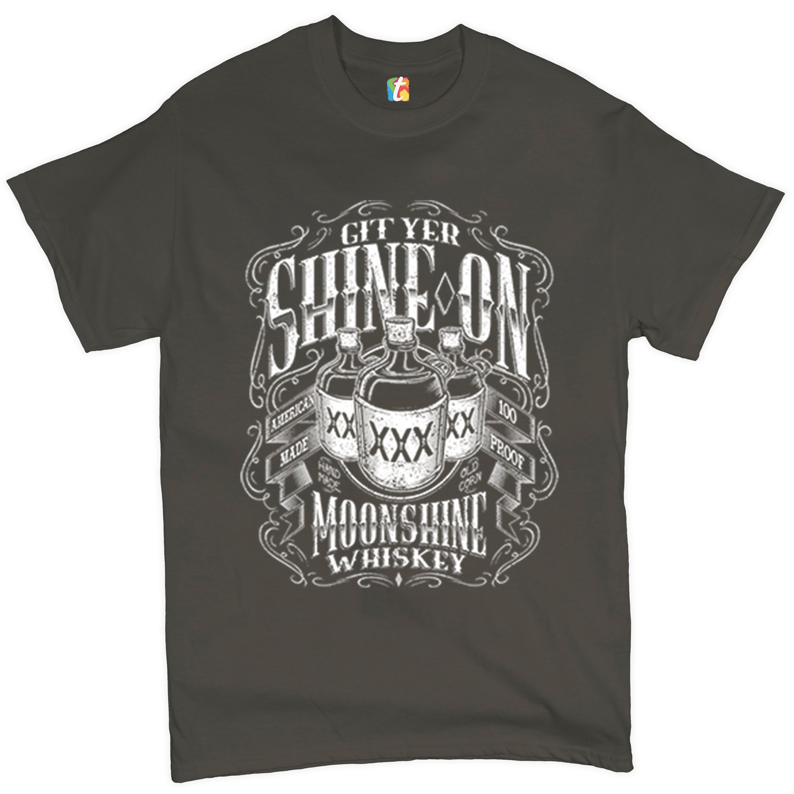 Git Yer Shine On Moonshine Whiskey T-shirt XXX Mason Jars Drinking Men's Tee - Picture 38 of 57