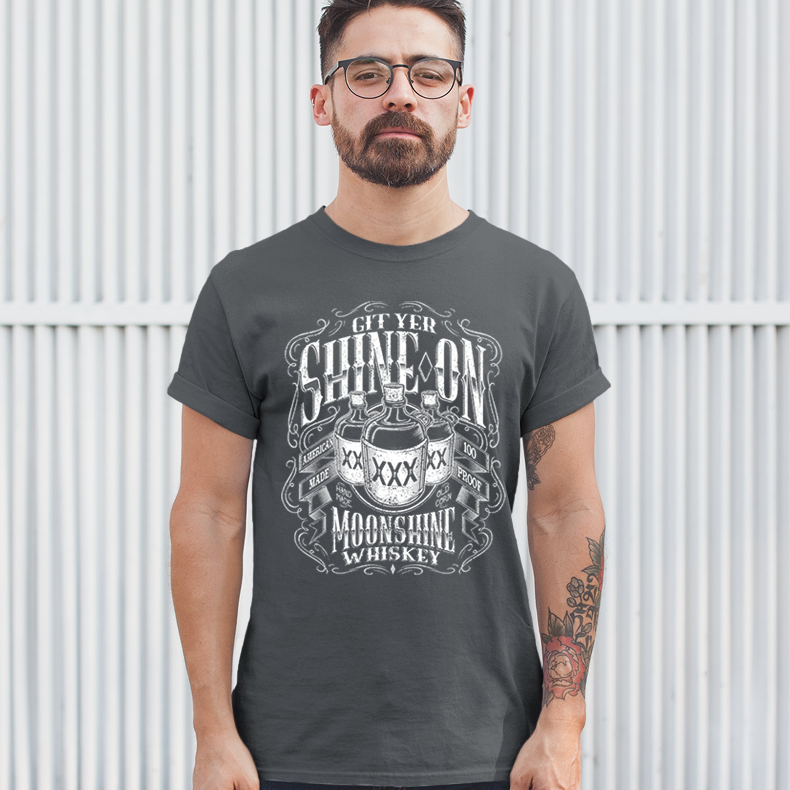 Git Yer Shine On Moonshine Whiskey T-shirt XXX Mason Jars Drinking Men's Tee - Picture 41 of 57