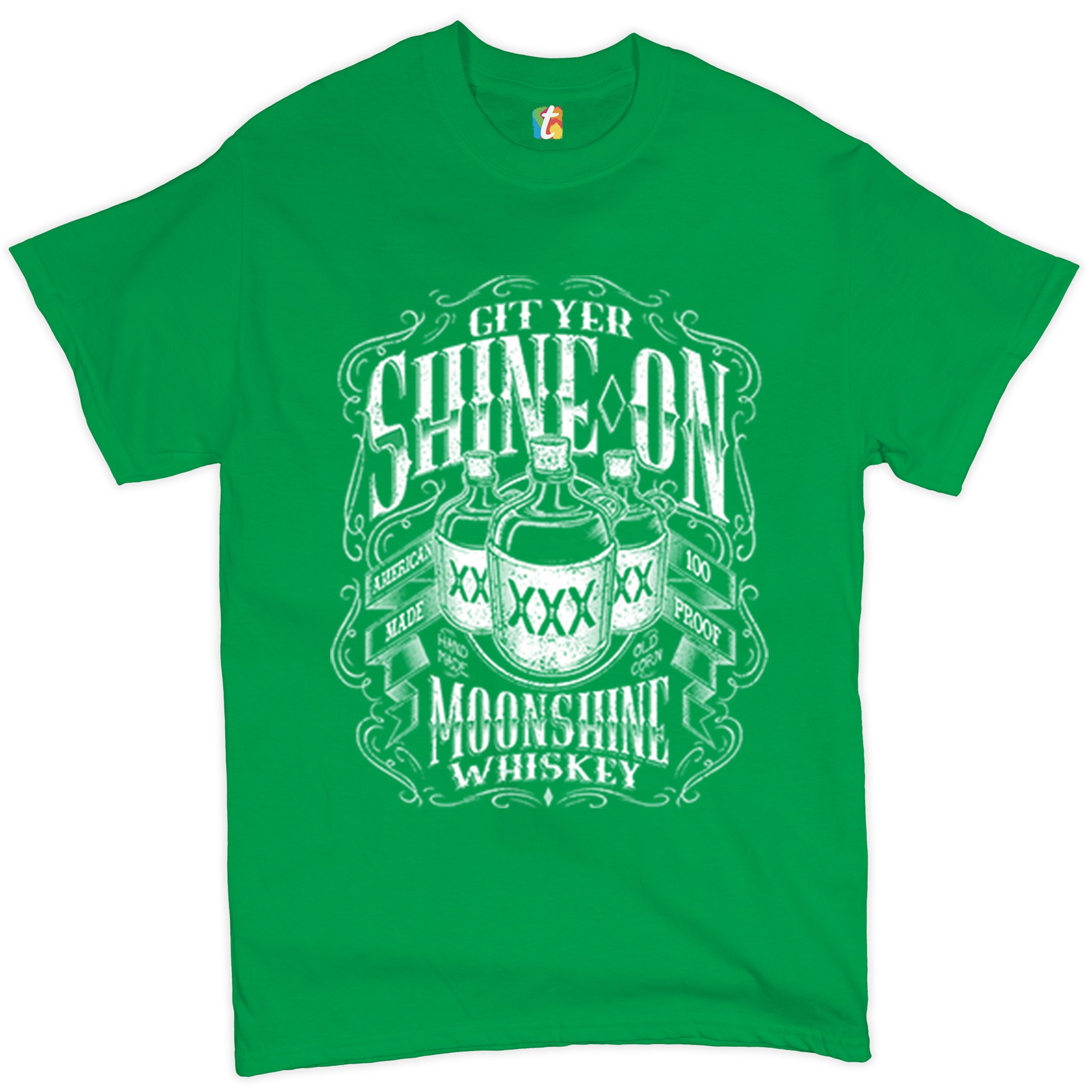 Git Yer Shine On Moonshine Whiskey T-shirt XXX Mason Jars Drinking Men's Tee - Picture 26 of 57