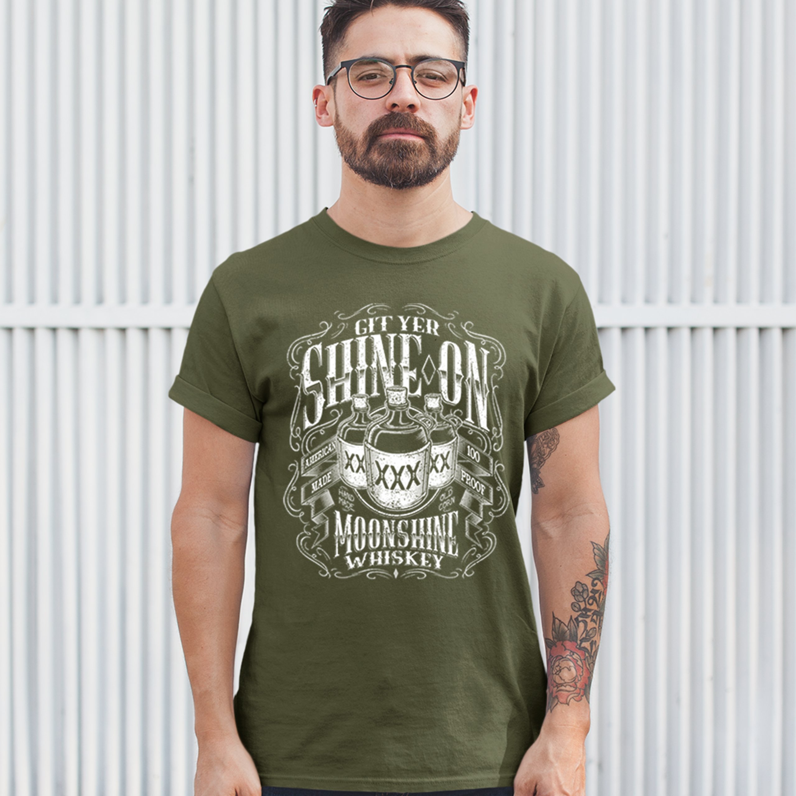 Git Yer Shine On Moonshine Whiskey T-shirt XXX Mason Jars Drinking Men's Tee - Picture 49 of 57