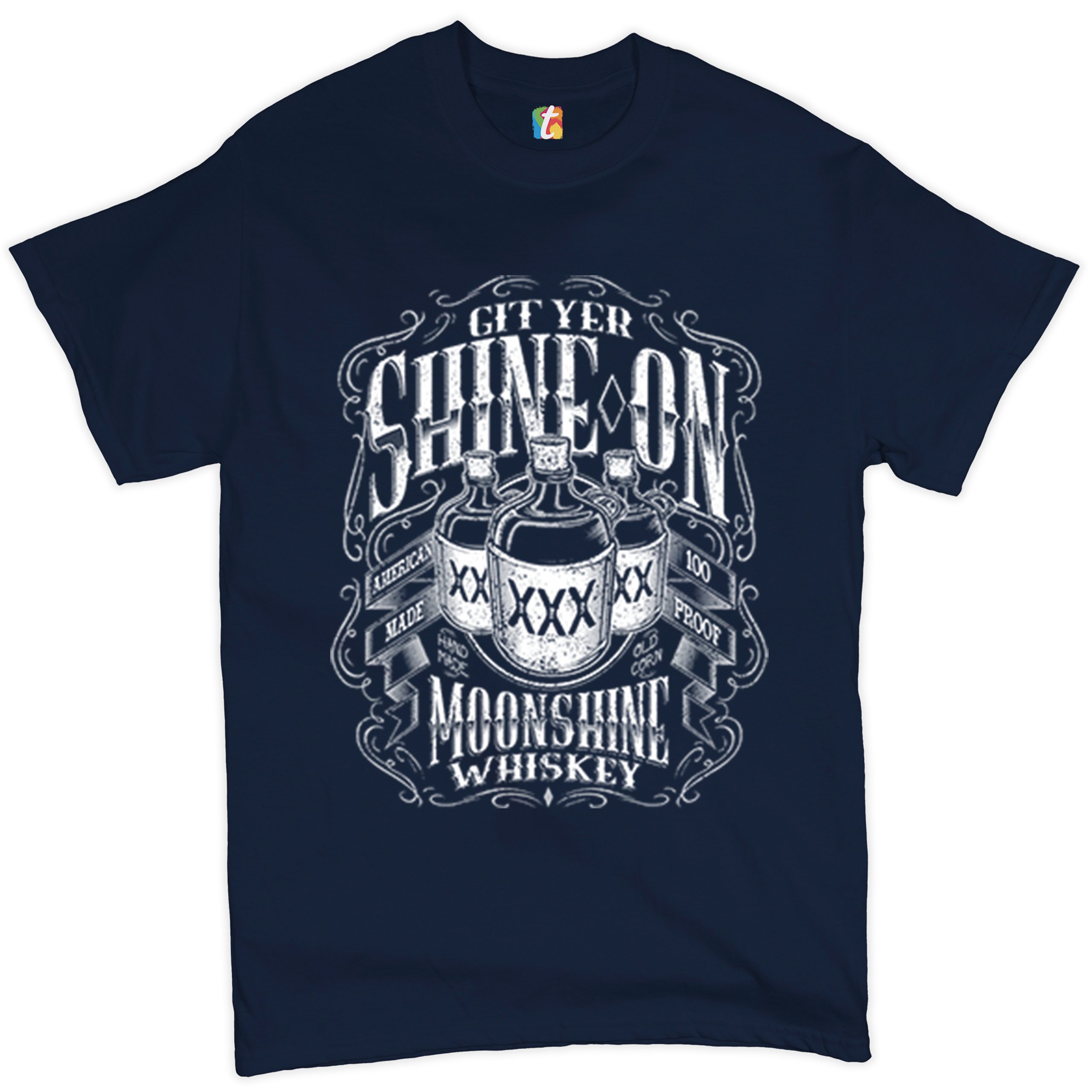 Git Yer Shine On Moonshine Whiskey T-shirt XXX Mason Jars Drinking Men's Tee - Picture 22 of 57