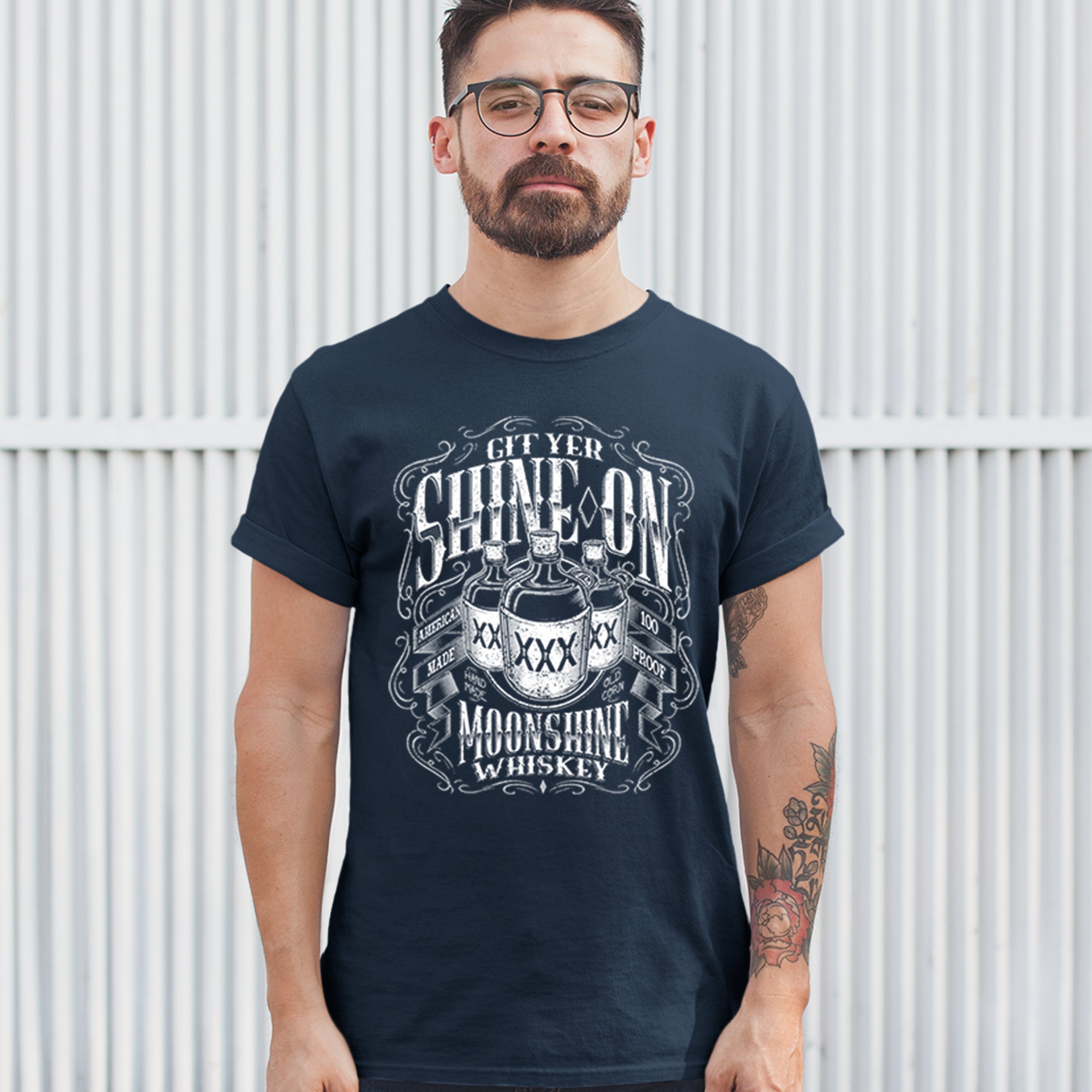 Git Yer Shine On Moonshine Whiskey T-shirt XXX Mason Jars Drinking Men's Tee - Picture 25 of 57