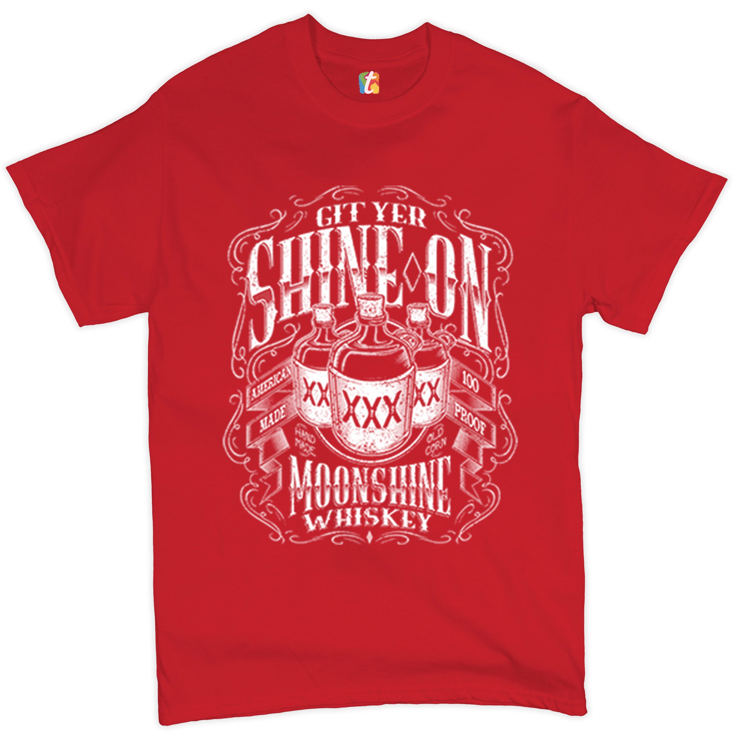 Git Yer Shine On Moonshine Whiskey T-shirt XXX Mason Jars Drinking Men's Tee - Picture 18 of 57