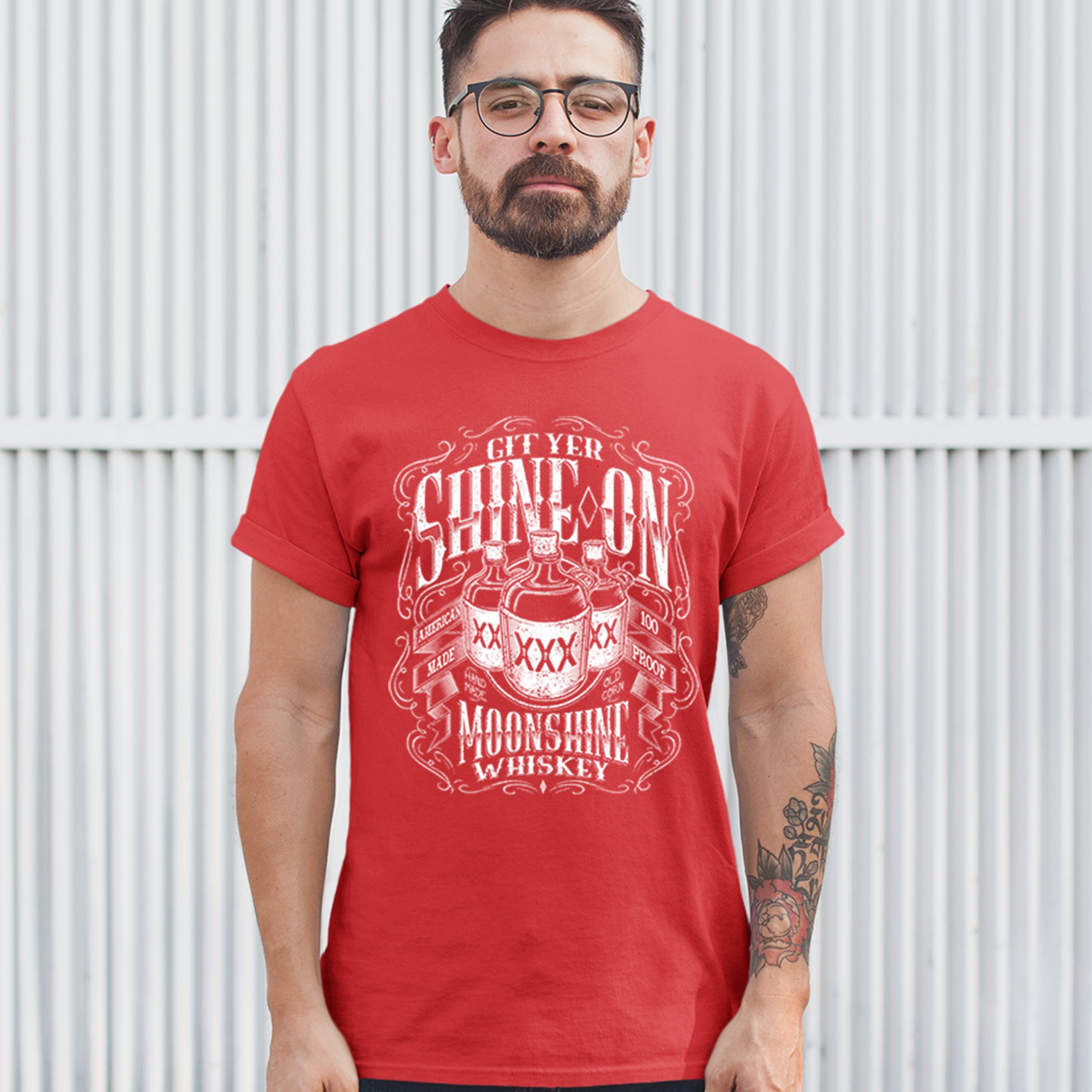 Git Yer Shine On Moonshine Whiskey T-shirt XXX Mason Jars Drinking Men's Tee - Picture 21 of 57