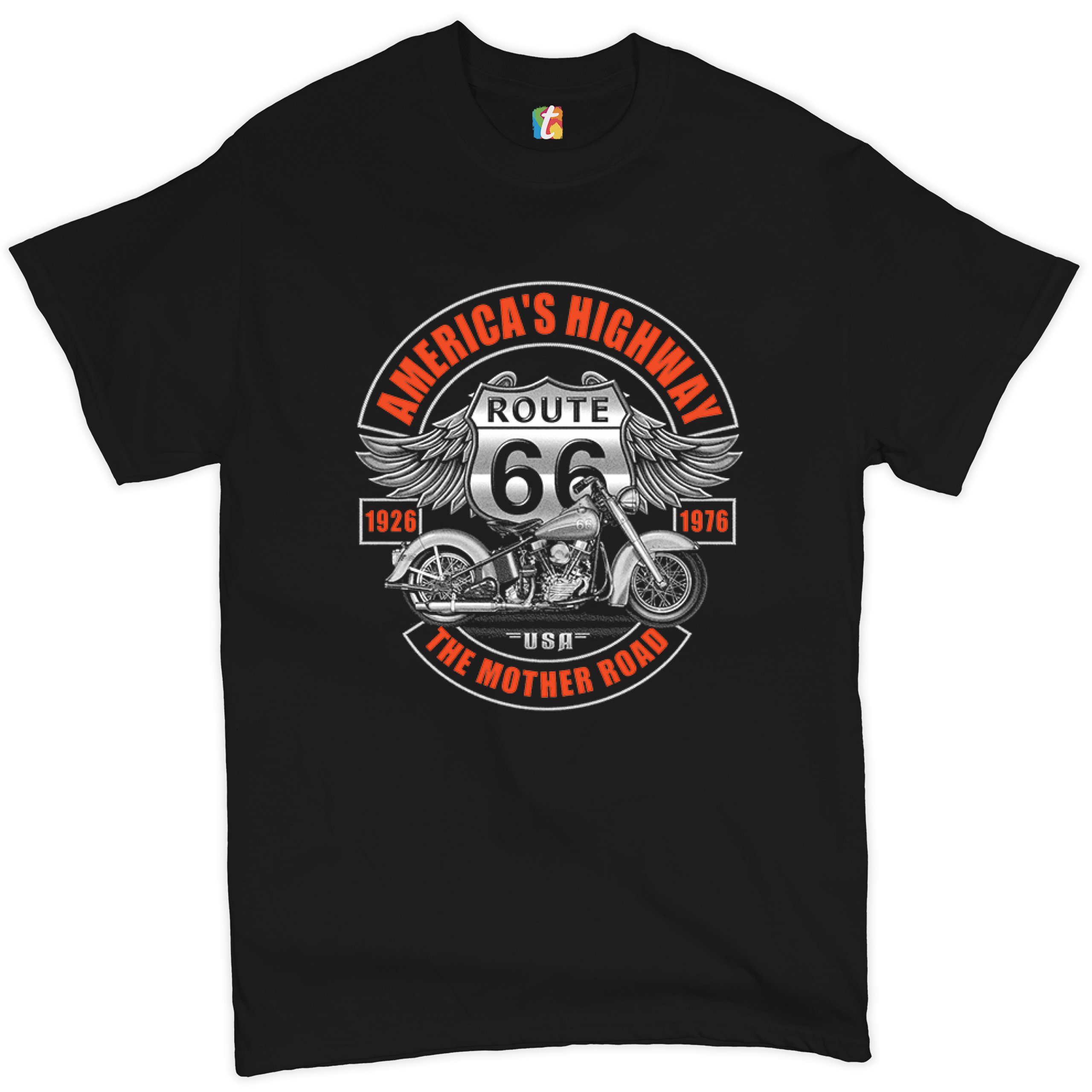 America’s Highway The Mother Road T-shirt Route 66 Biker Motorcycle Men’s Tee