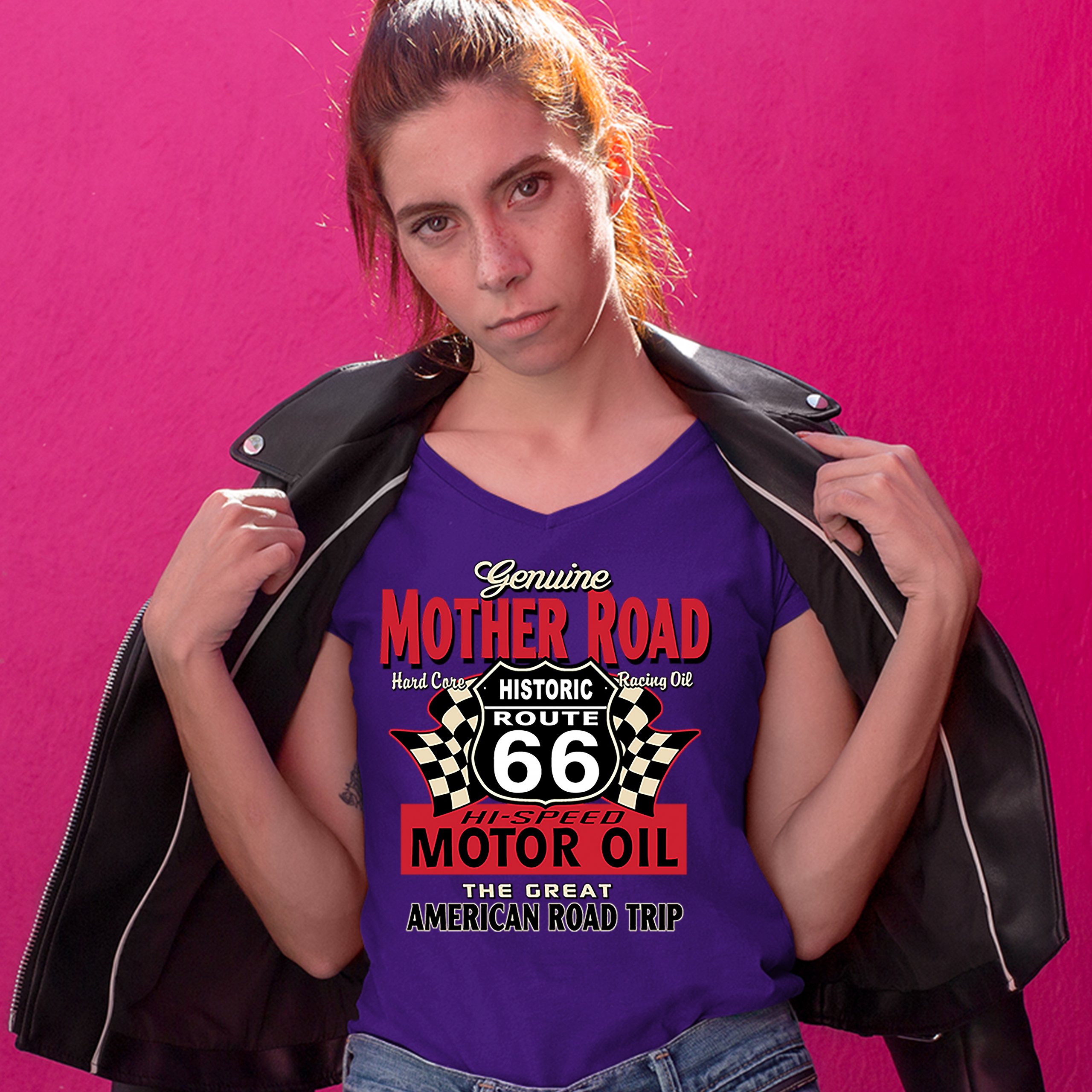 Genuine Mother Road Historic Route 66 Women's V-Neck T-shirt Road Trip Tee - Picture 13 of 41