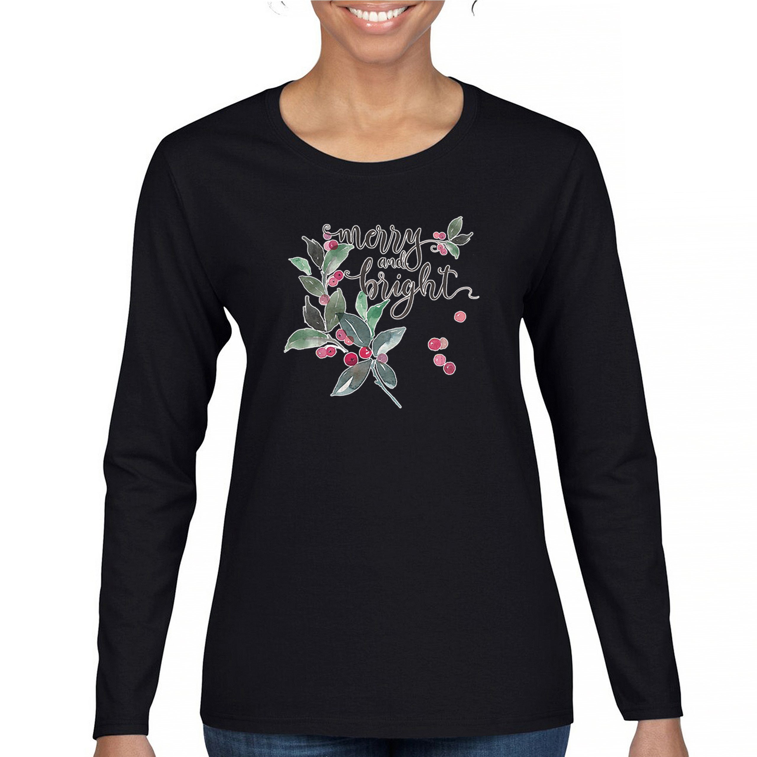 Merry and Bright Cute Christmas Women's Long Sleeve T-shirt Jolly Santa Xmas - Picture 9 of 50