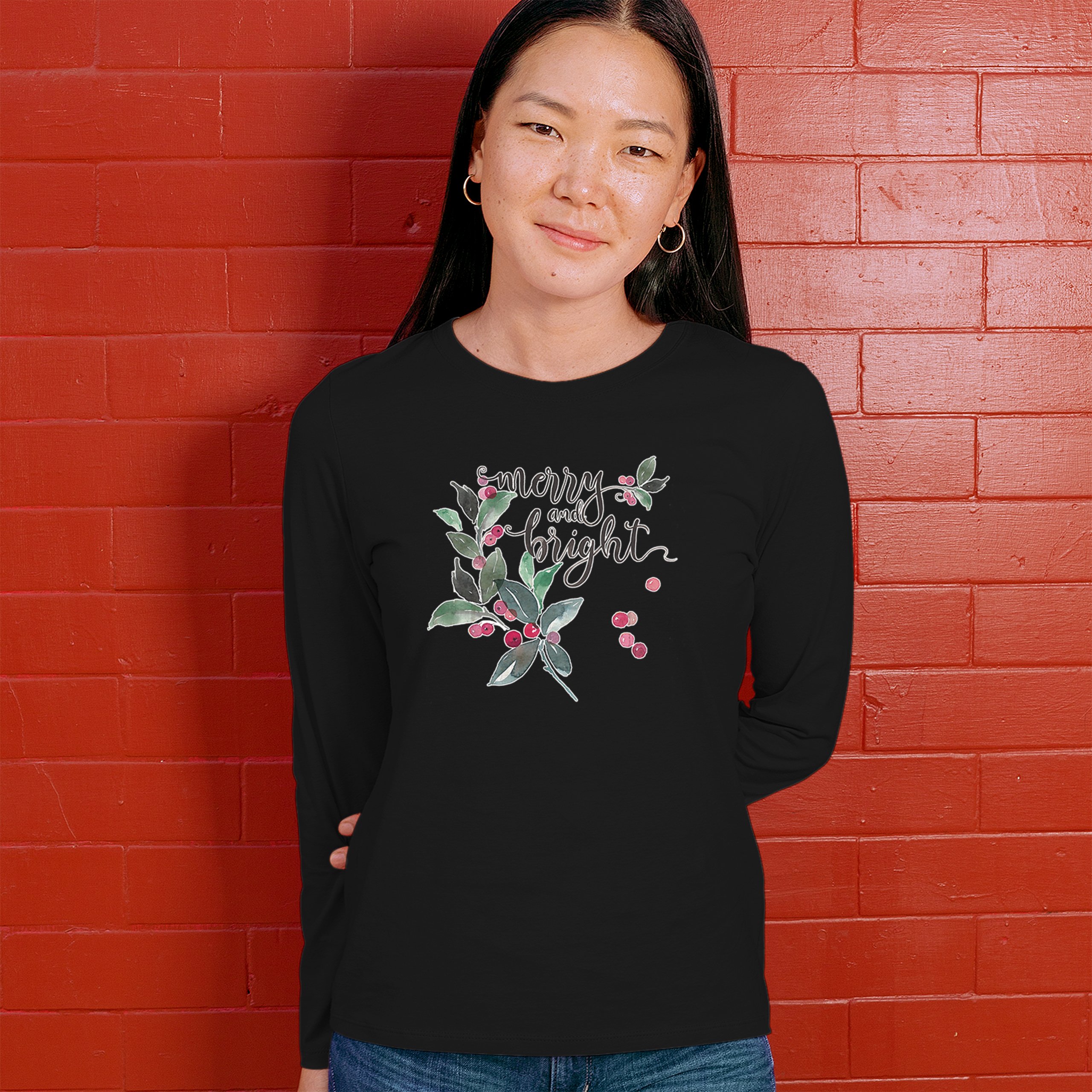 Merry and Bright Cute Christmas Women's Long Sleeve T-shirt Jolly Santa Xmas - Picture 12 of 50